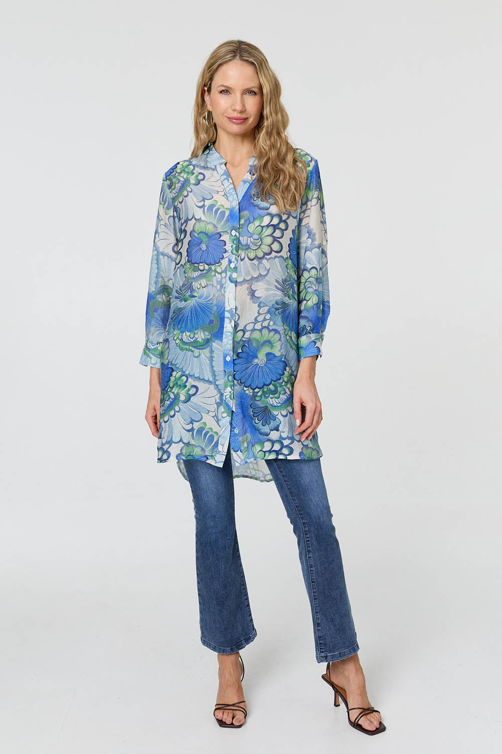 Floral Semi Sheer Longline Shirt Styled View