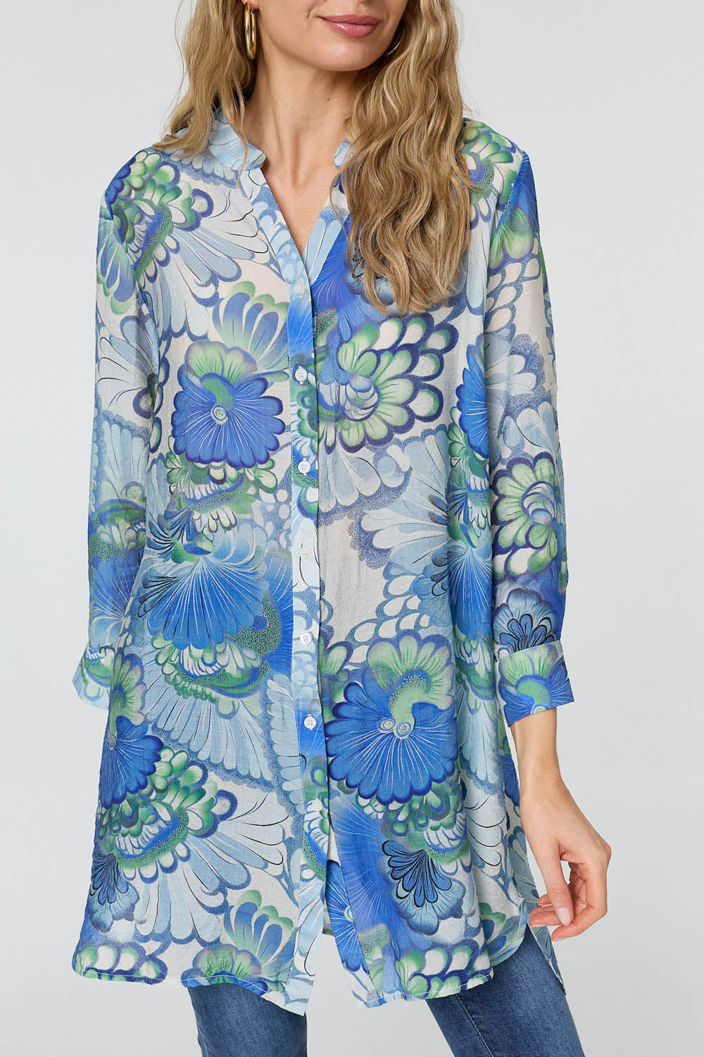 Floral Semi Sheer Longline Shirt Front View 2
