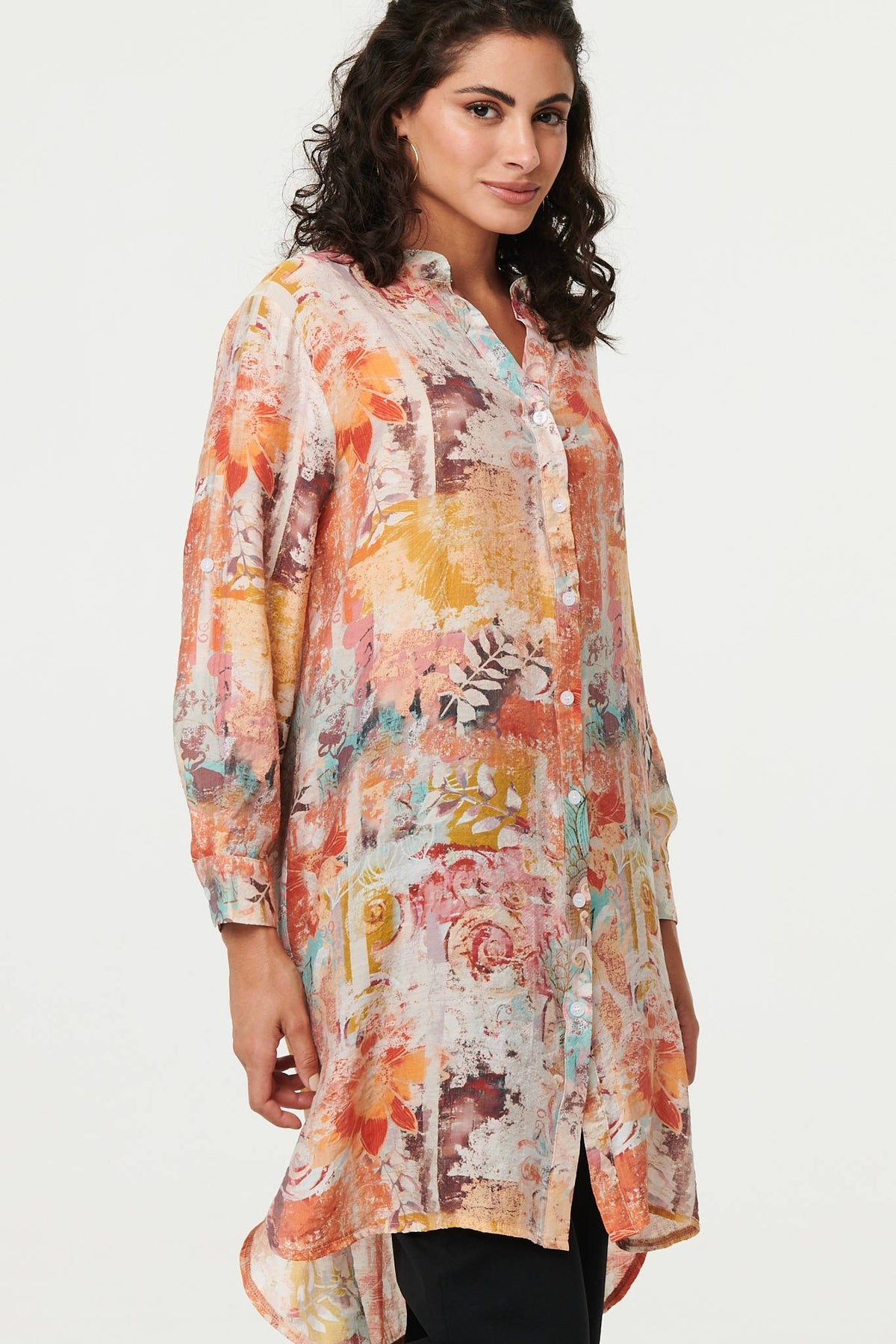 Abstract Long Sleeve Longline Shirt Styled View