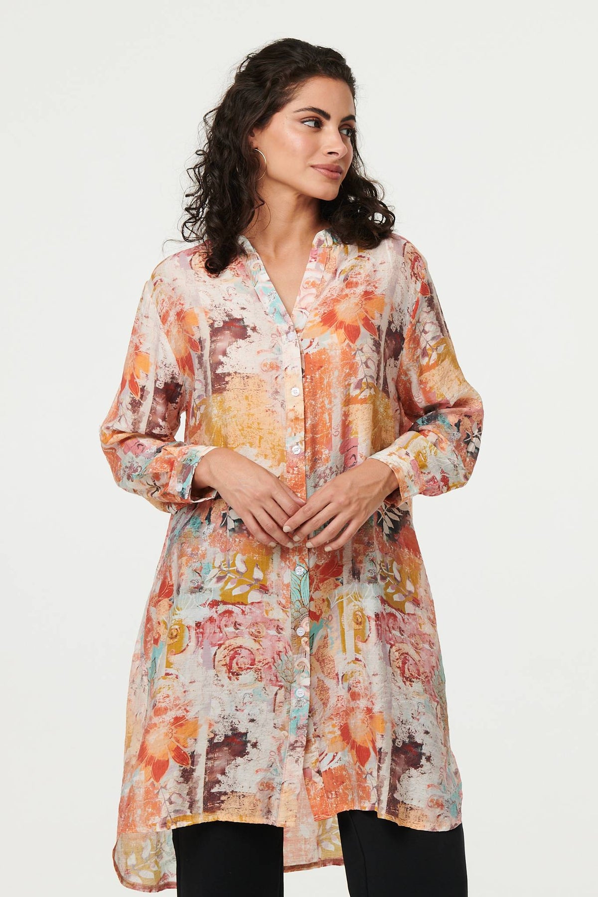Abstract Long Sleeve Longline Shirt Detail View