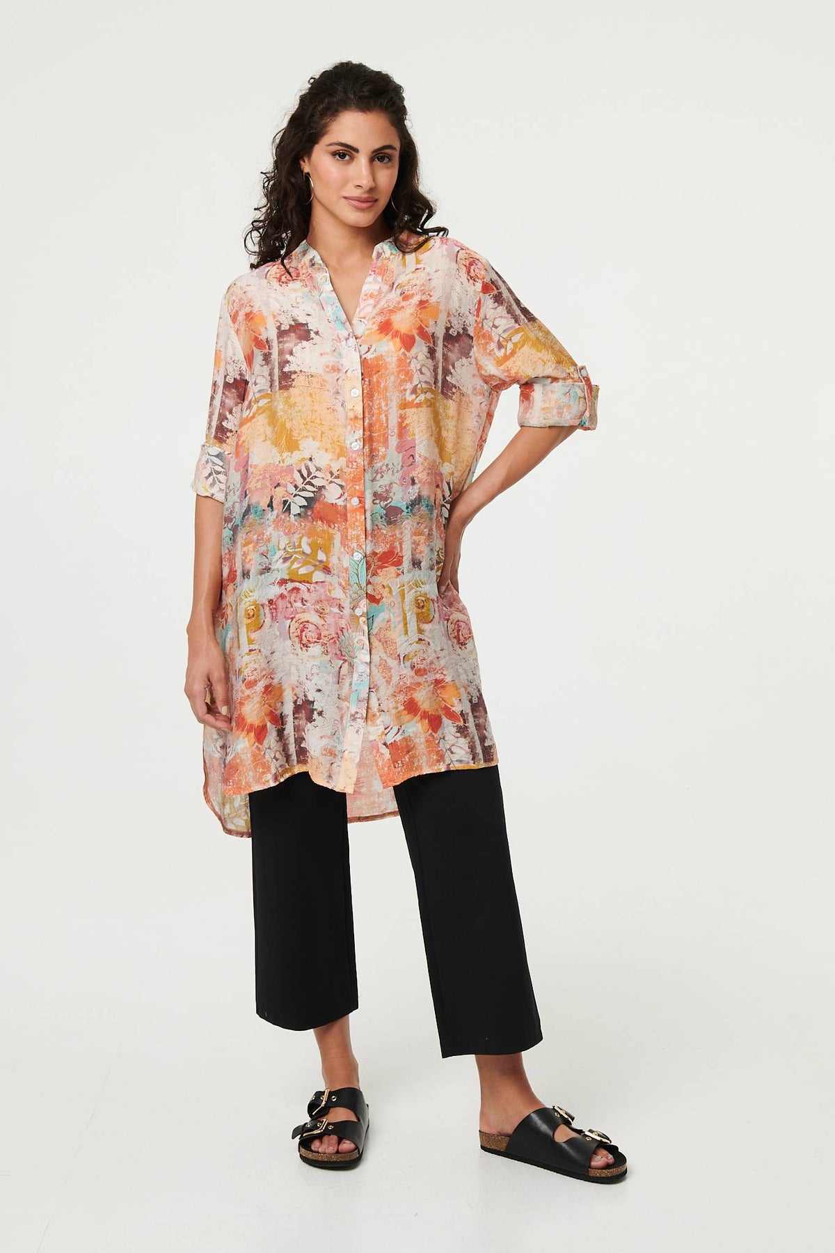 Abstract Long Sleeve Longline Shirt Front View