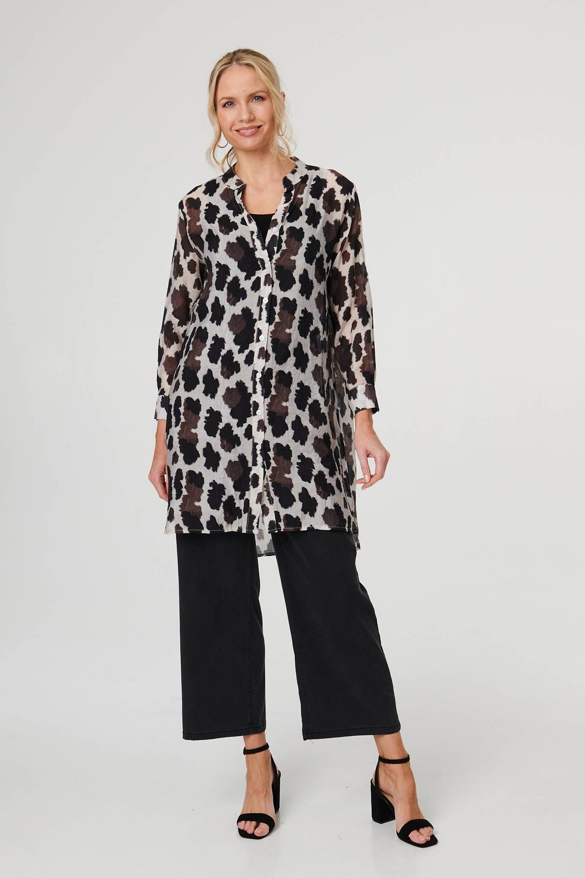 Animal Print Longline Semi Sheer Shirt Front View 2