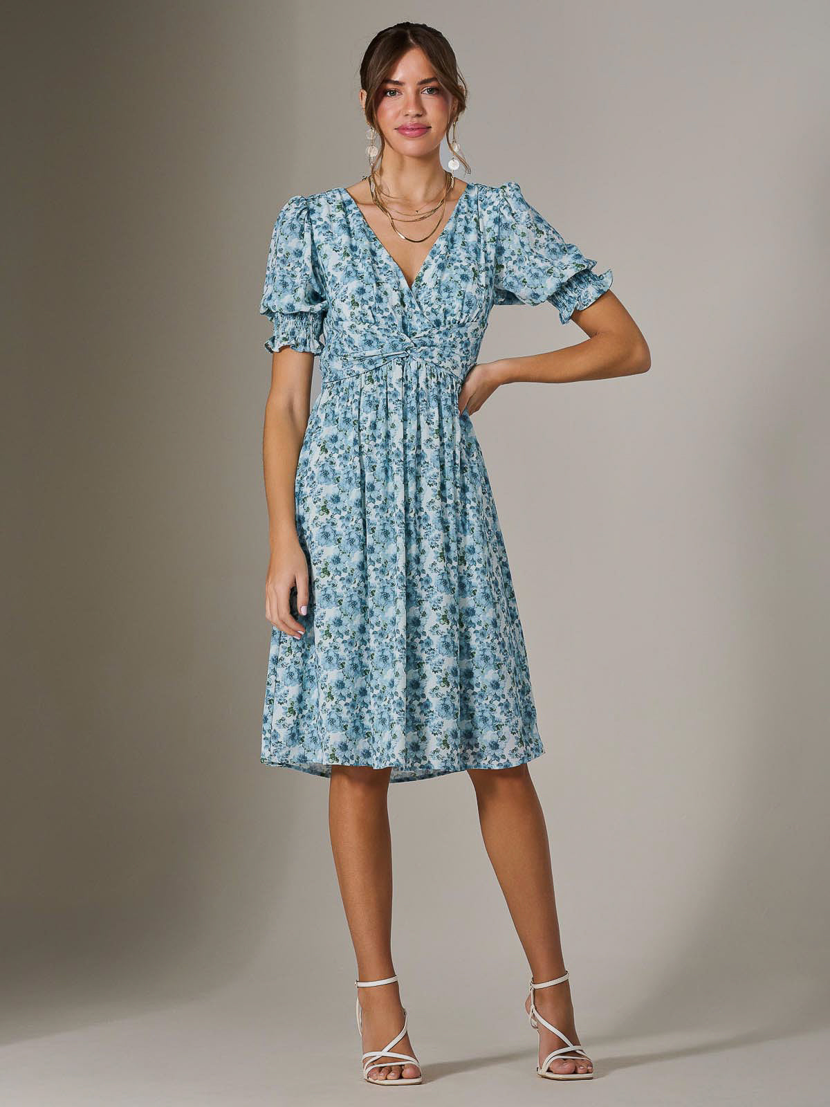 Puff Sleeve Midi Dress Front View