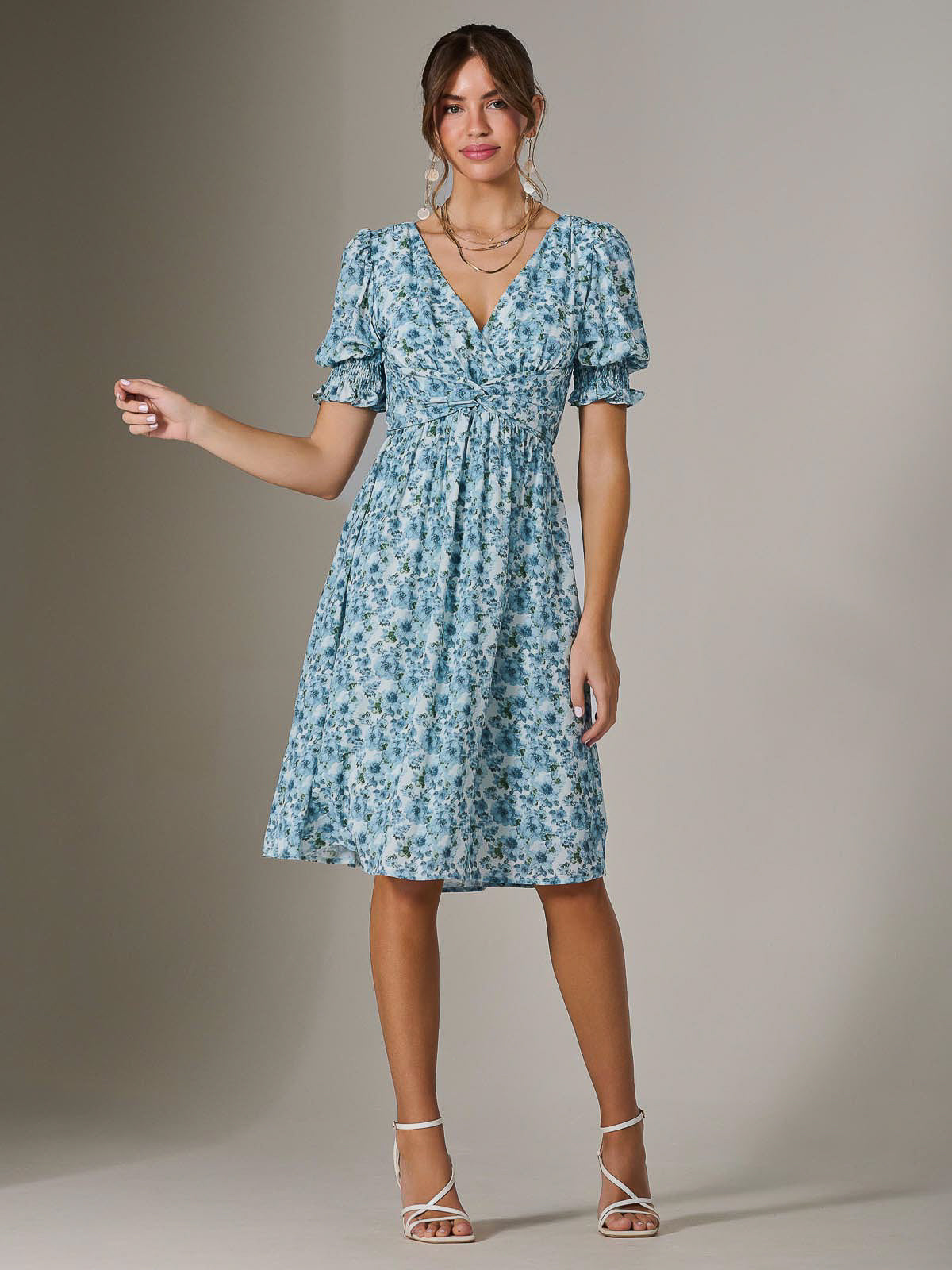 Puff Sleeve Midi Dress Full Length View