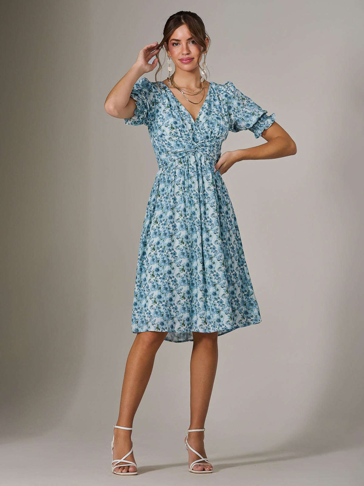 Puff Sleeve Midi Dress Front View 2