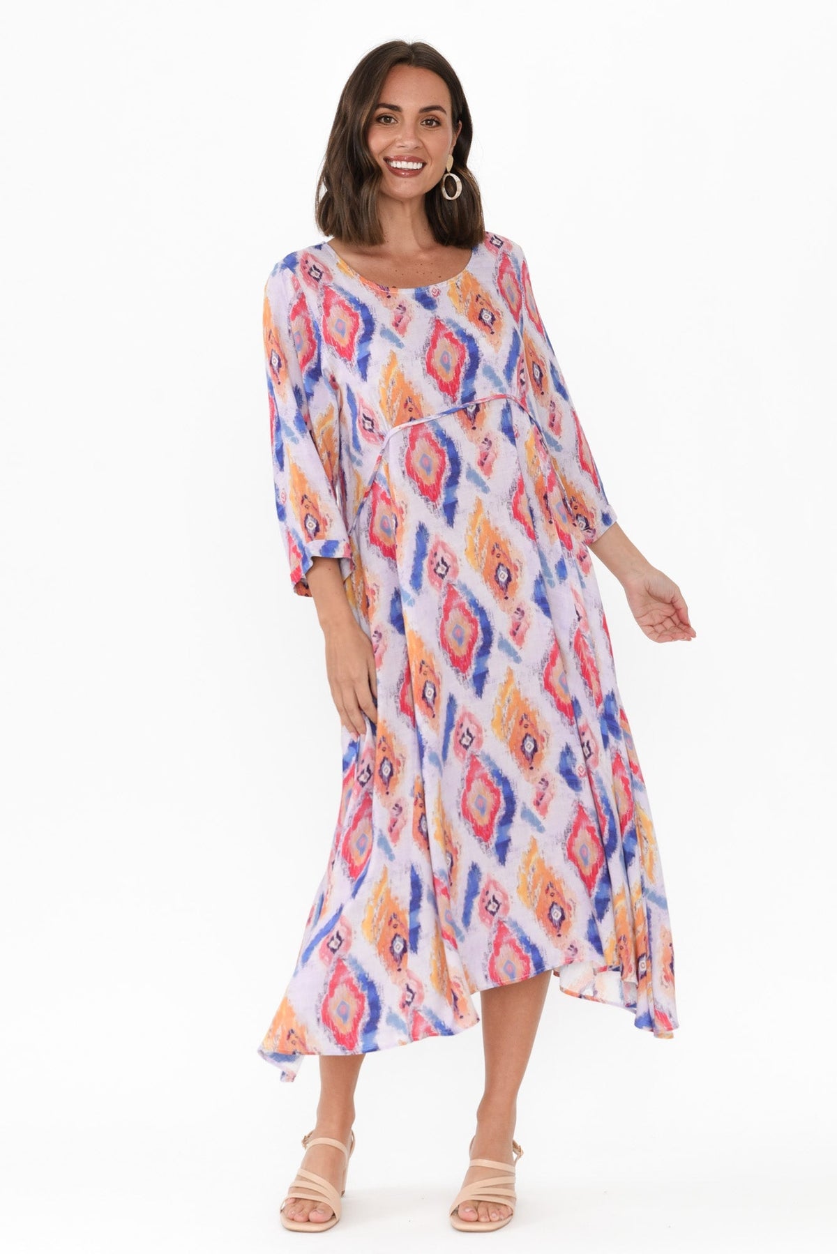 Teddy Blue Geo Sleeved Dress Front View