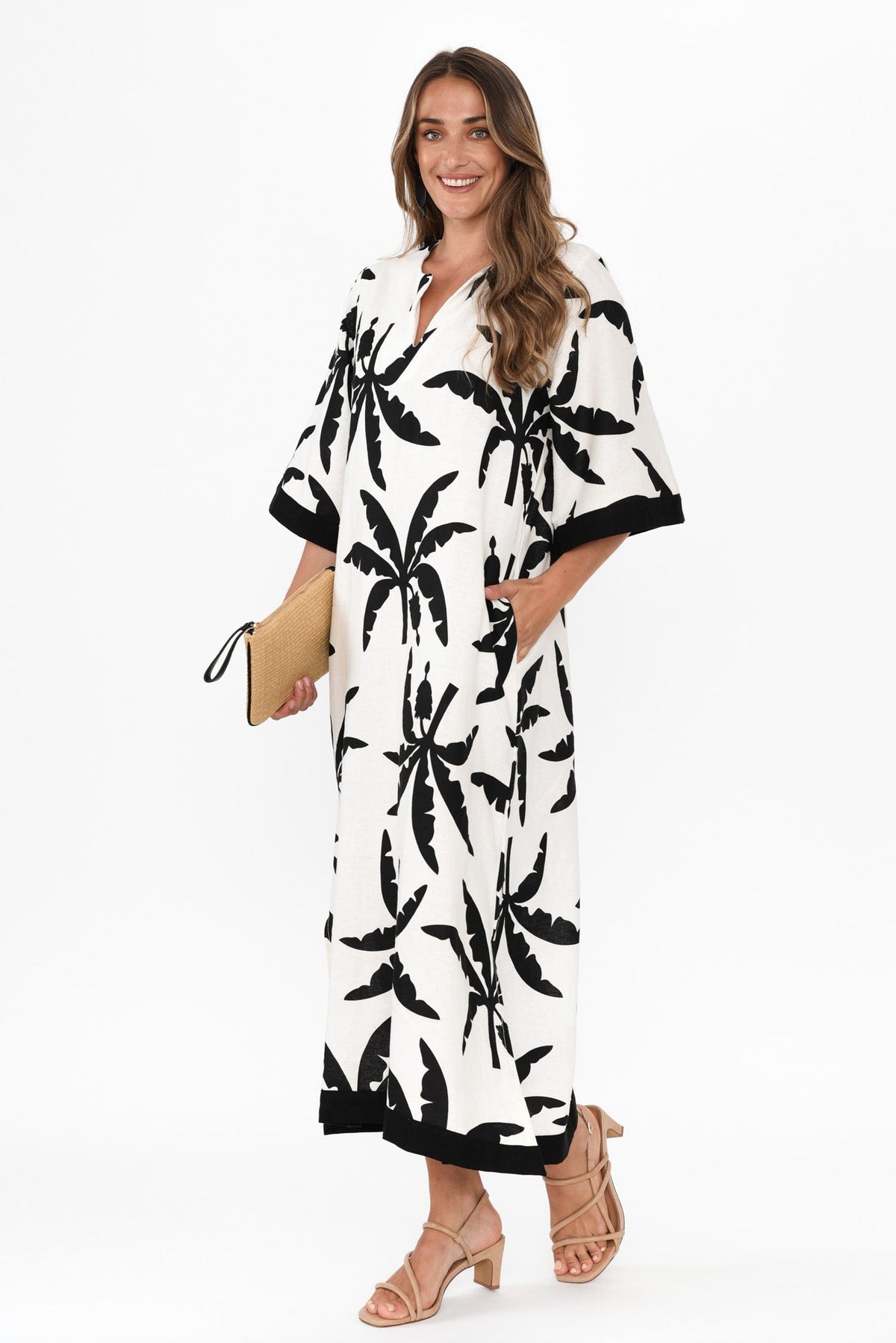 Tessie Black Tropical Linen Kaftan Side View