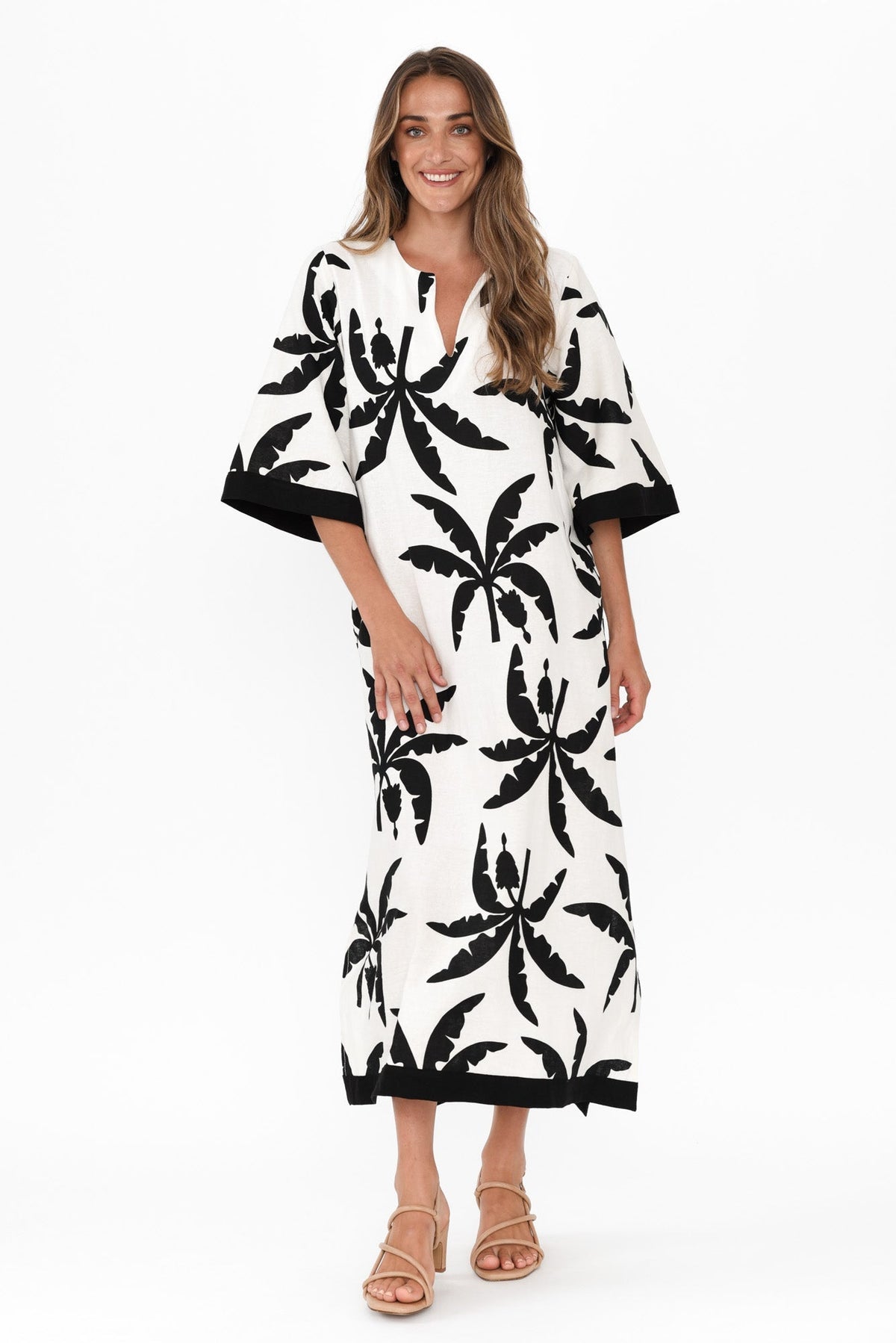 Tessie Black Tropical Linen Kaftan Front View 2