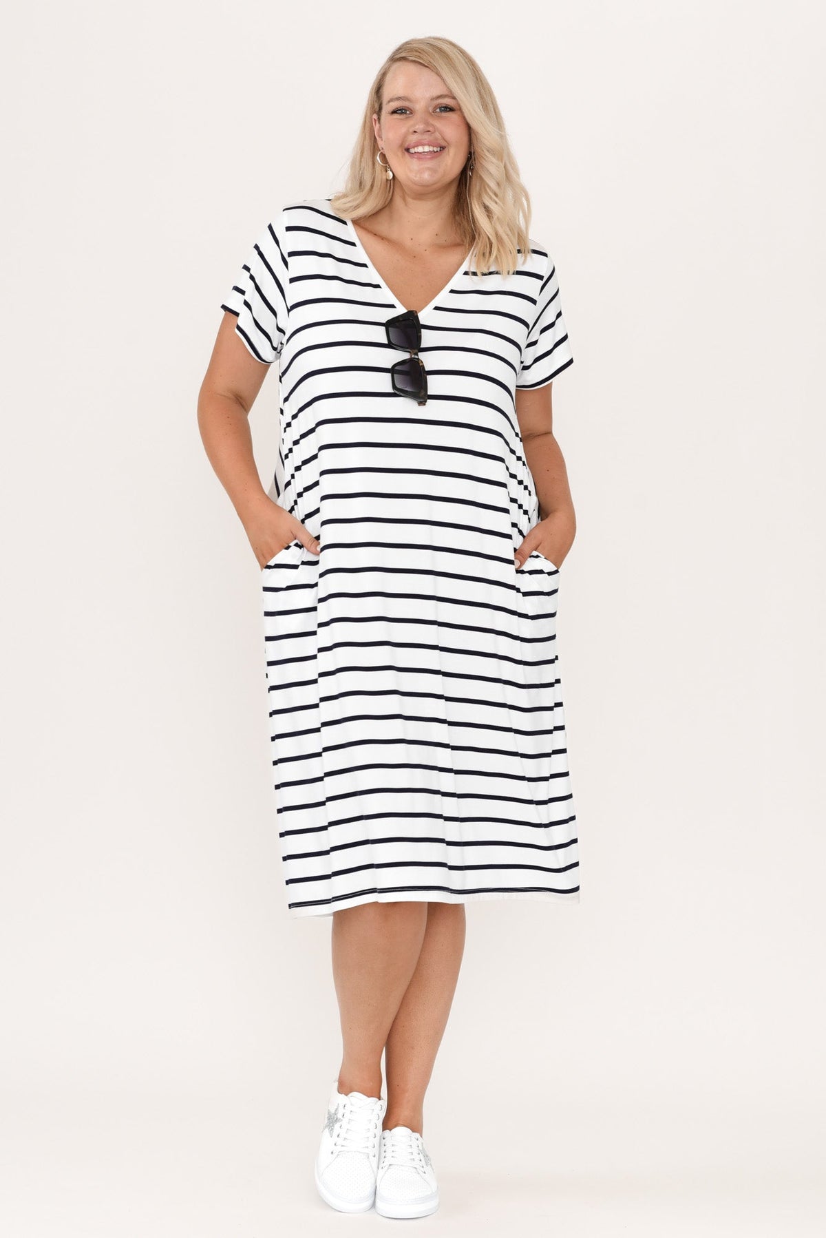 Tiffany White Stripe Bamboo Tee Dress Full Length View 2
