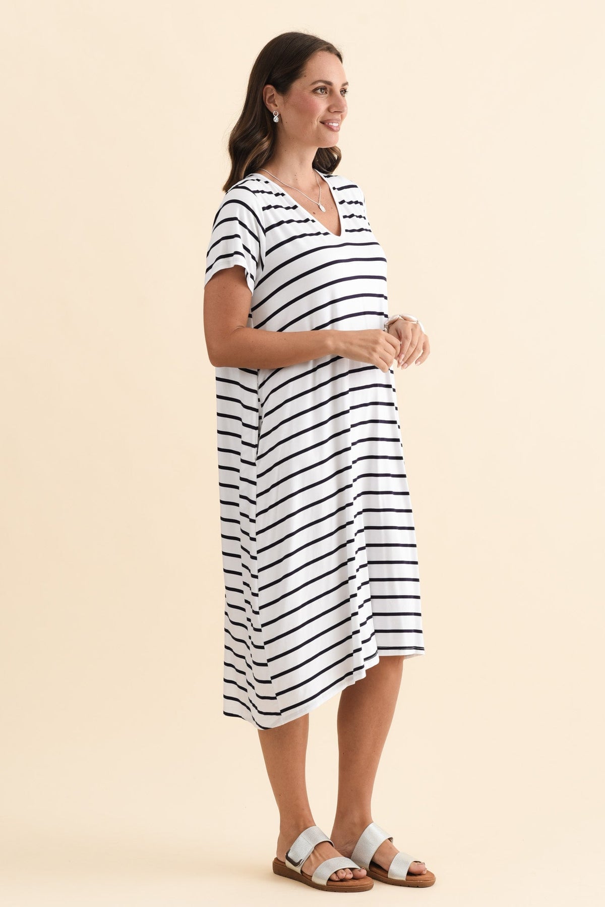 Tiffany White Stripe Bamboo Tee Dress Side View