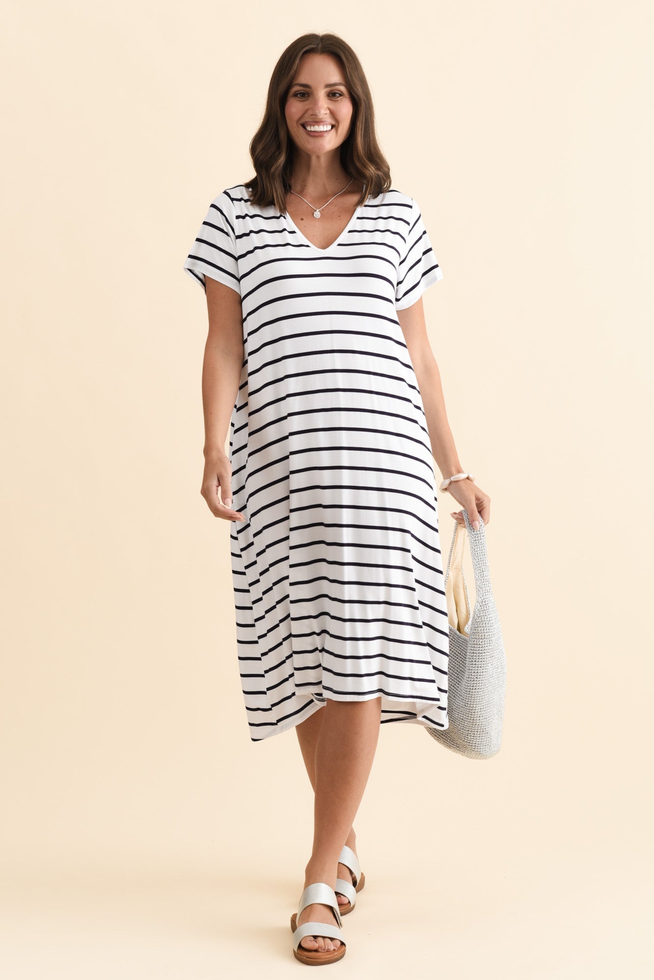 Tiffany White Stripe Bamboo Tee Dress Back View