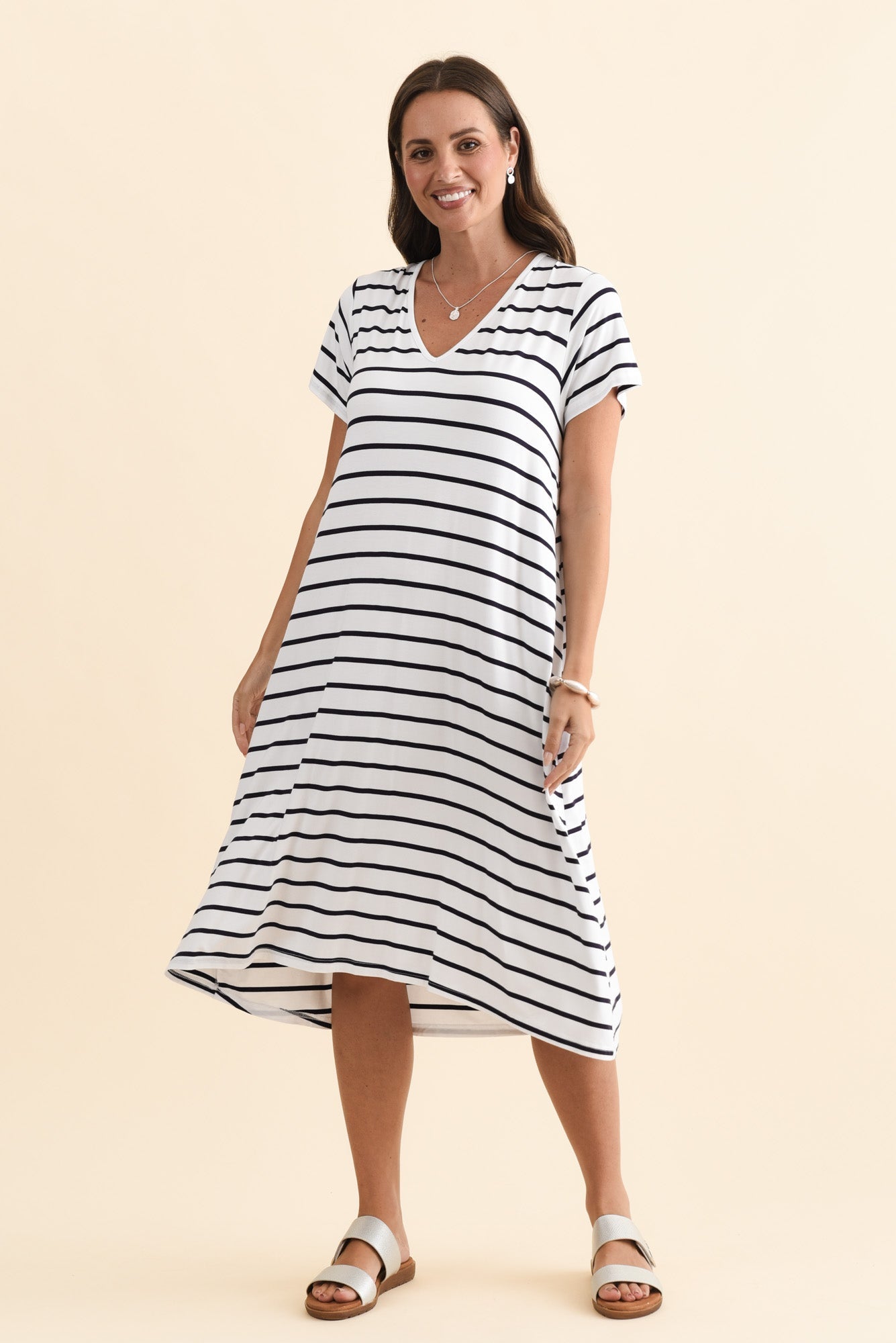 Tiffany White Stripe Bamboo Tee Dress Back View 2