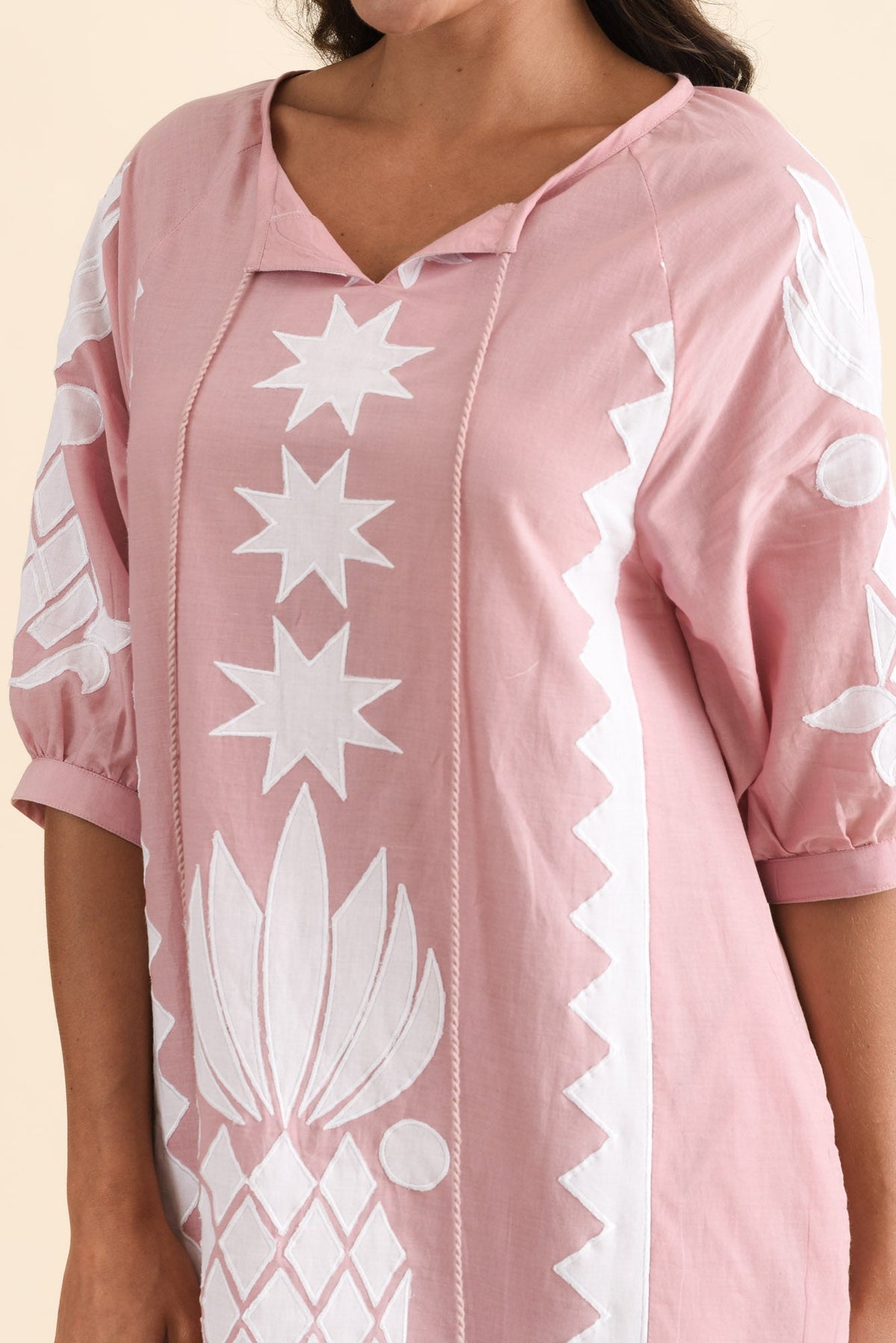 Tori Pink Abstract Cotton Tassel Dress Detail View