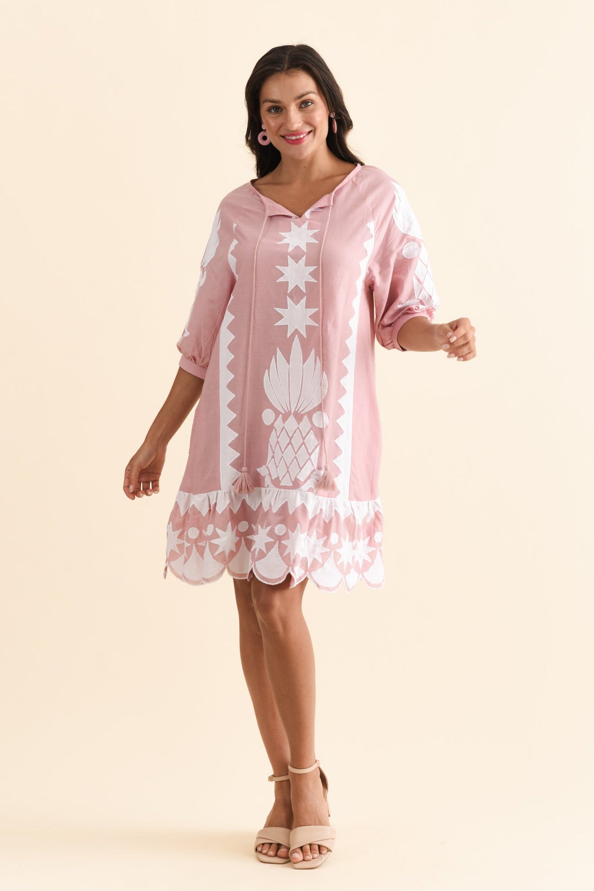 Tori Pink Abstract Cotton Tassel Dress Front View