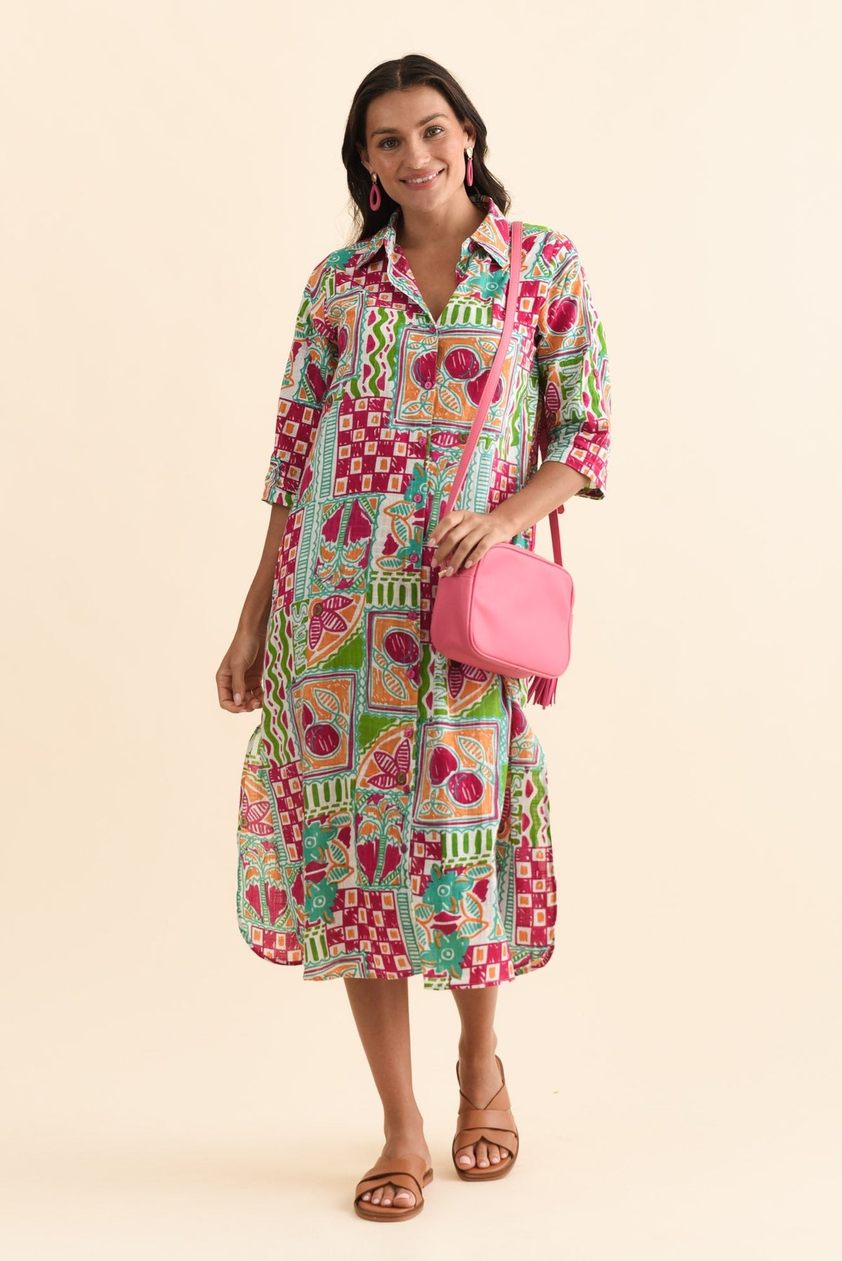 Tricia Green Tile Cotton Shirt Dress Front View 2