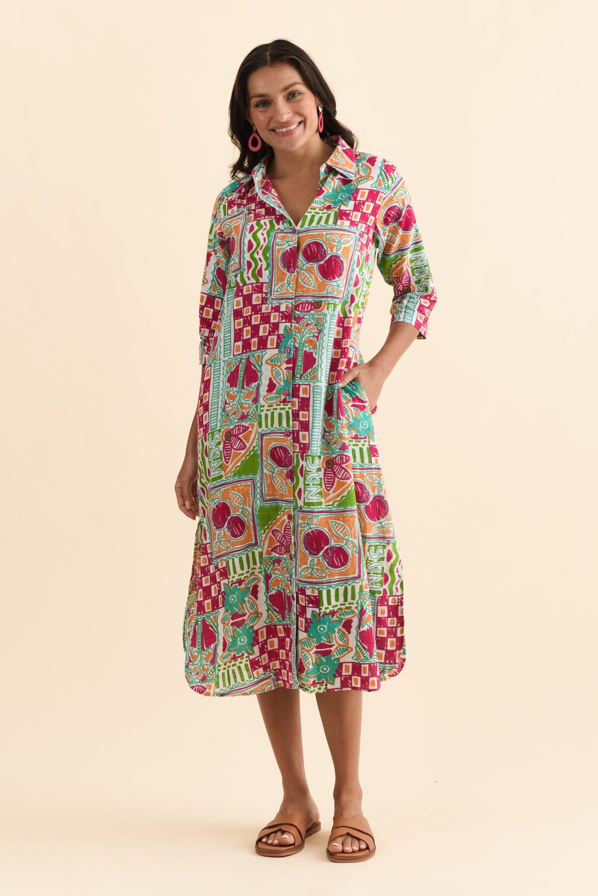 Tricia Green Tile Cotton Shirt Dress Full Length View
