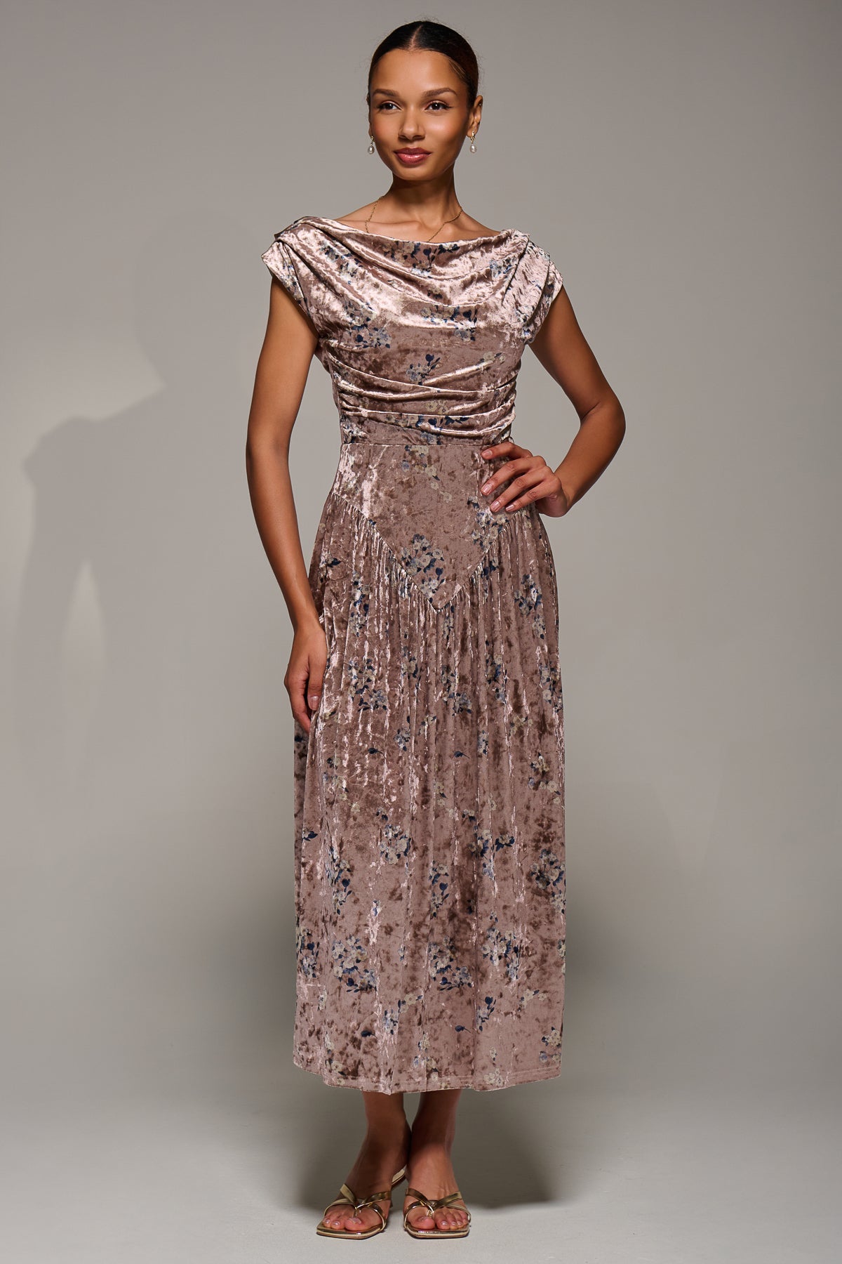 Cowl Neckline Draped Velvet Midaxi Dress Detail View
