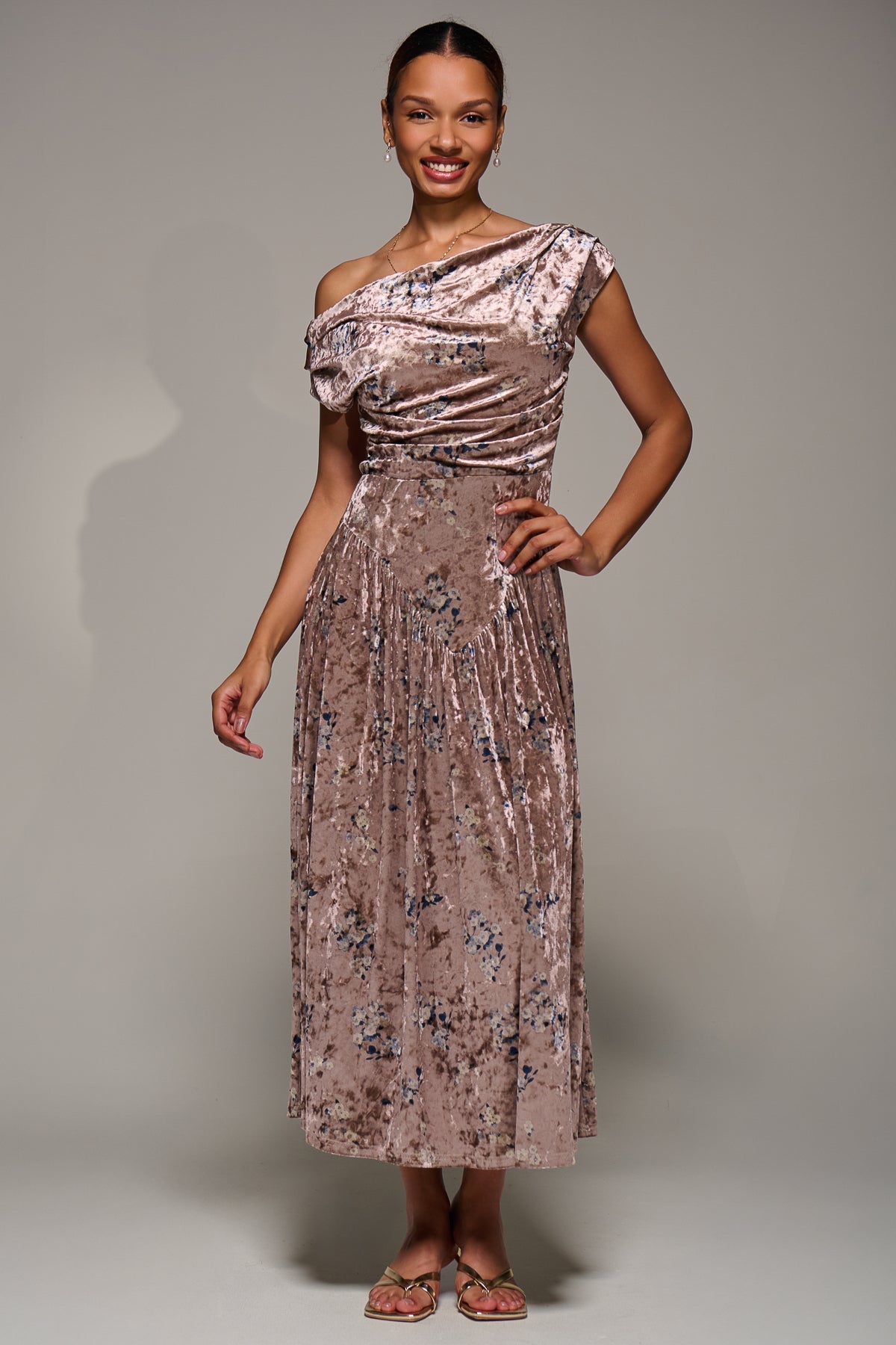 Cowl Neckline Draped Velvet Midaxi Dress Styled View