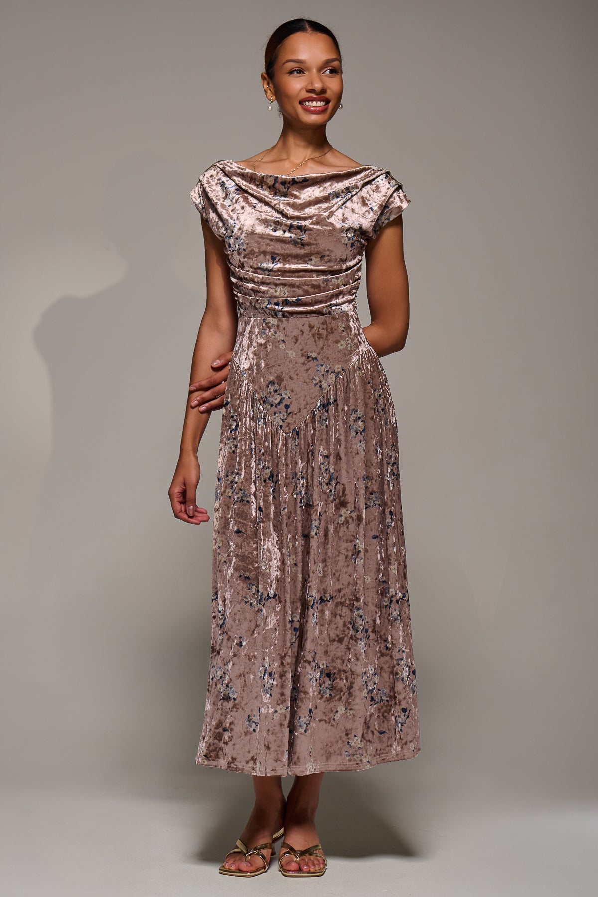 Cowl Neckline Draped Velvet Midaxi Dress Full Length View