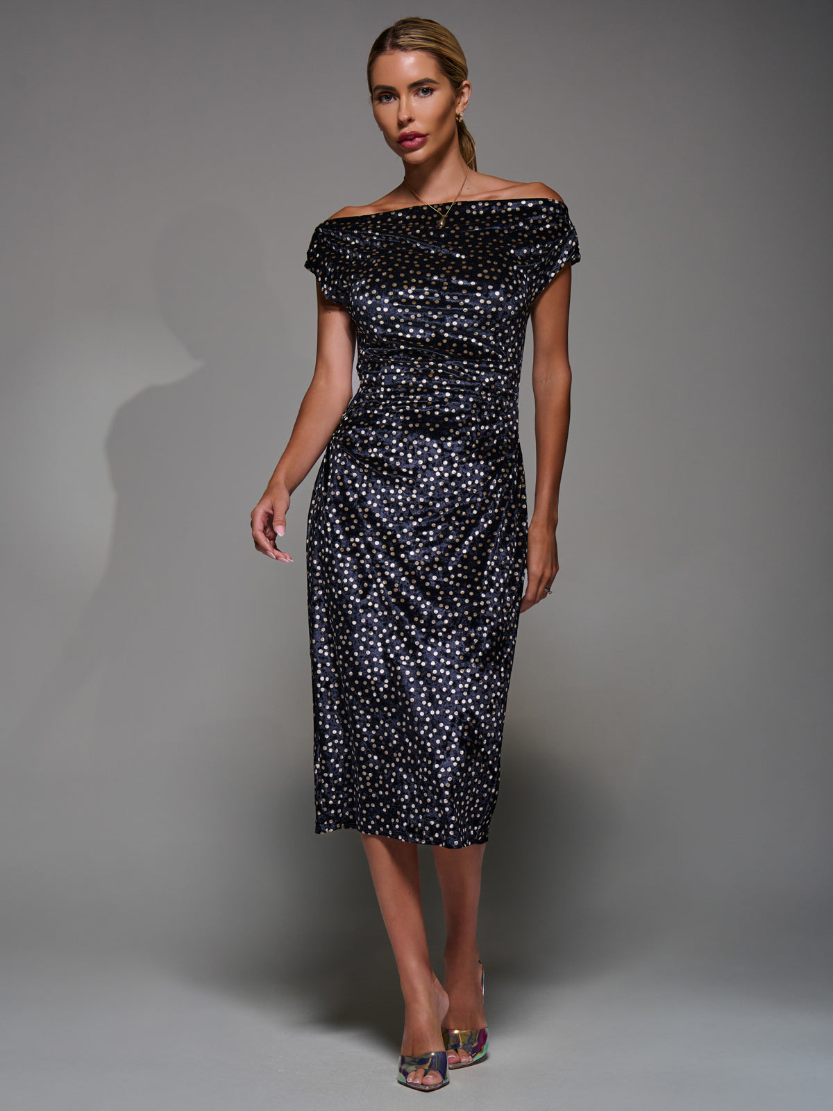 Velvet Print Ruched Bodycon Dress Detail View