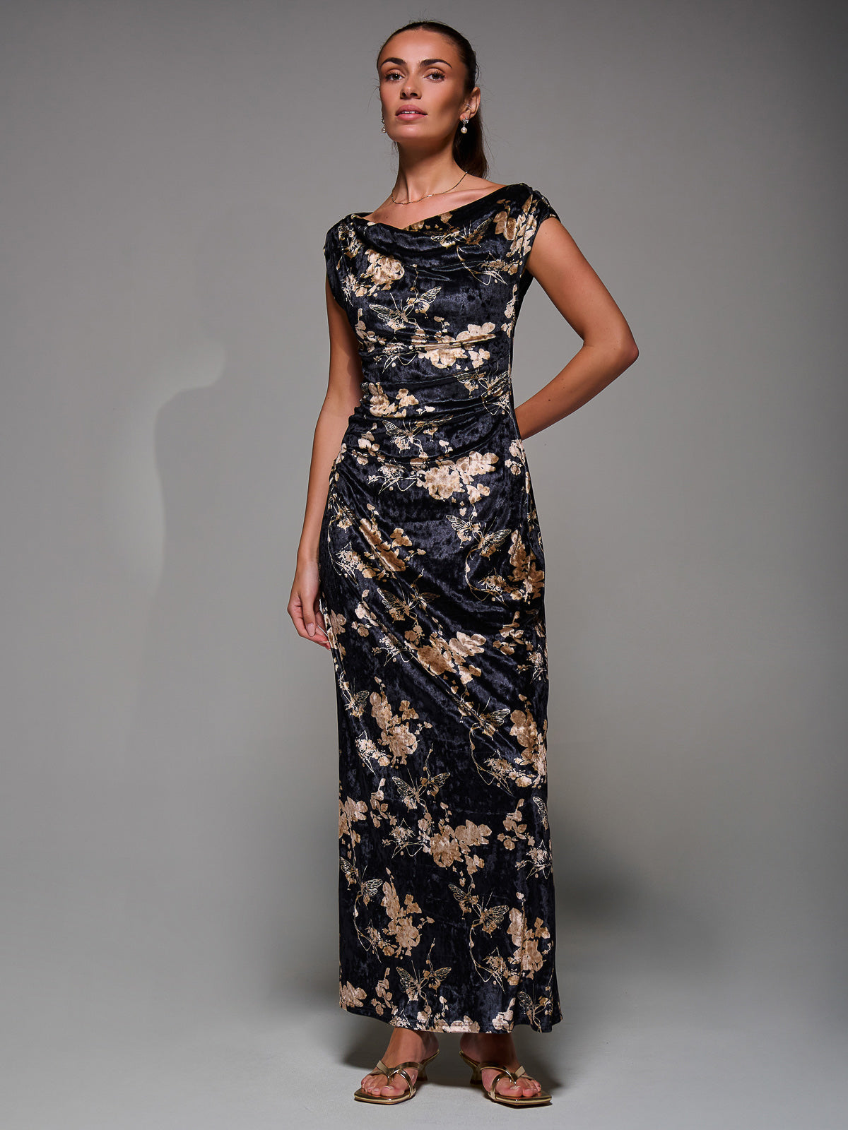 Printed Velvet Draped Maxi Dress Styled View
