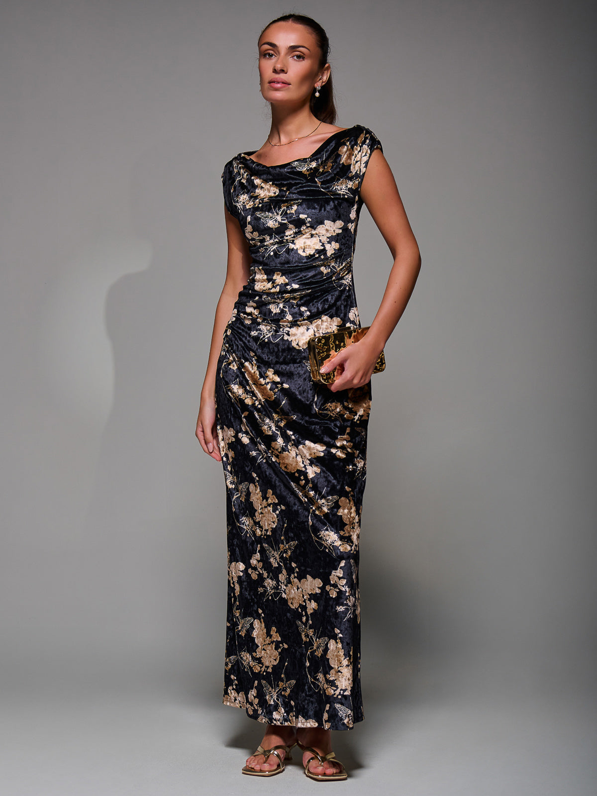 Printed Velvet Draped Maxi Dress Full Length View