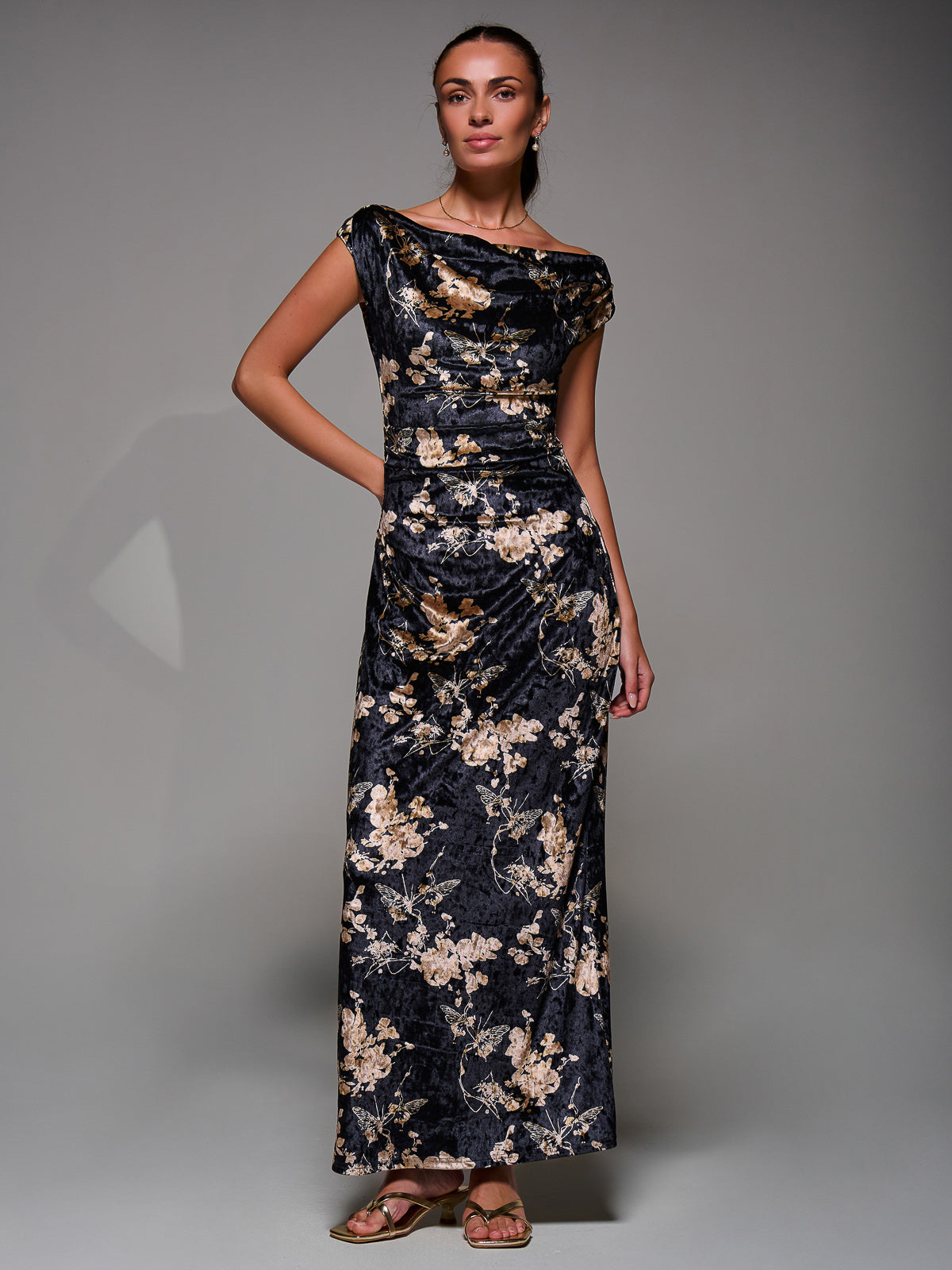 Printed Velvet Draped Maxi Dress Front View 2