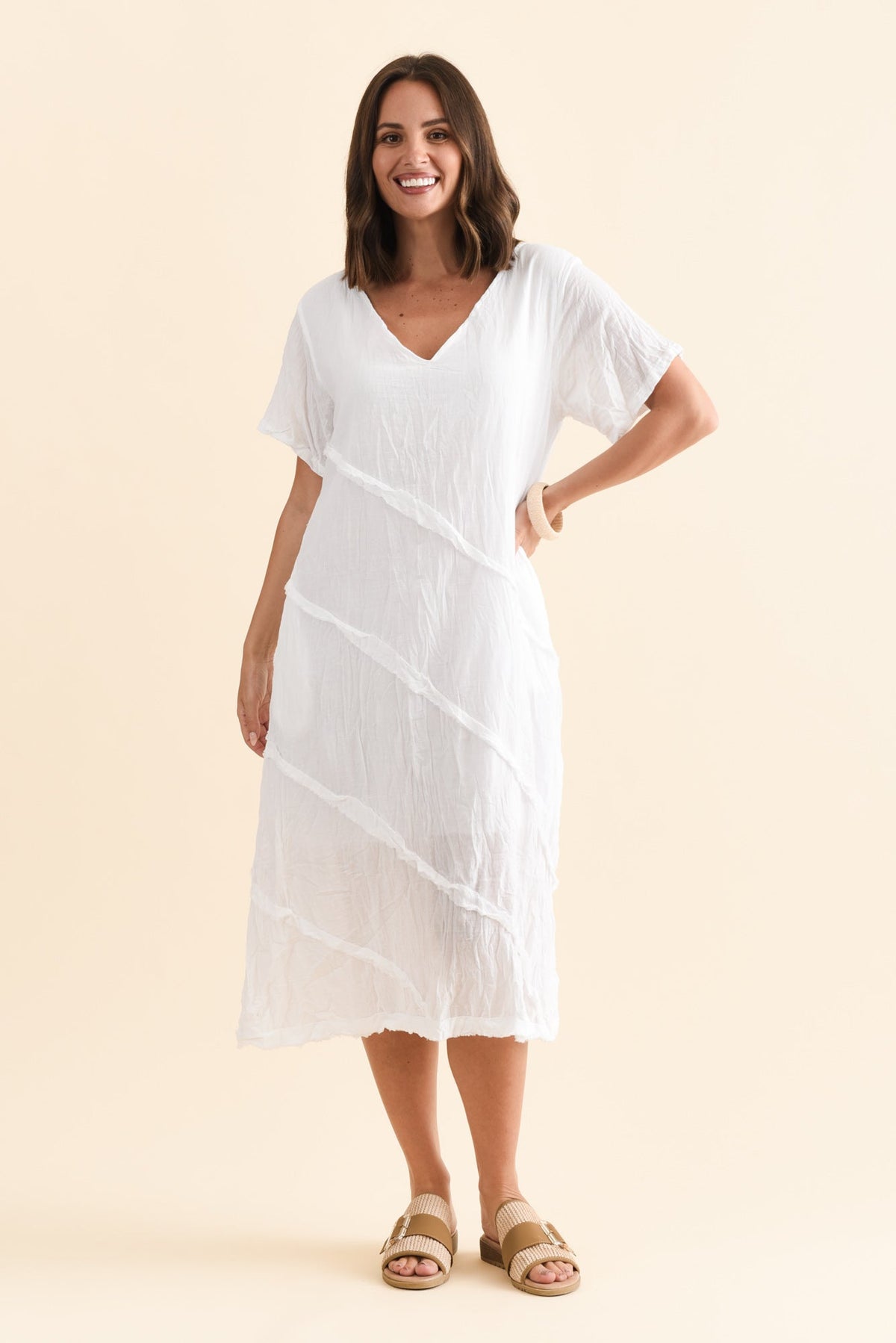 Vanessa White Diagonal Seam Dress Front View