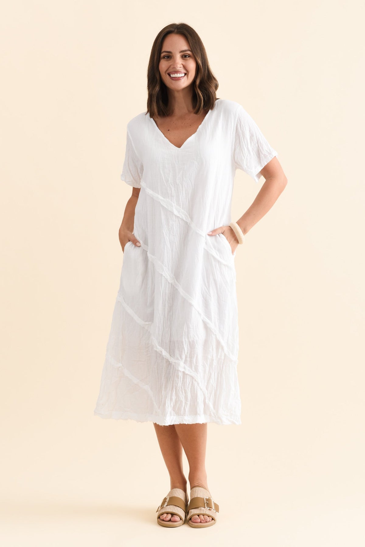 Vanessa White Diagonal Seam Dress Full Length View