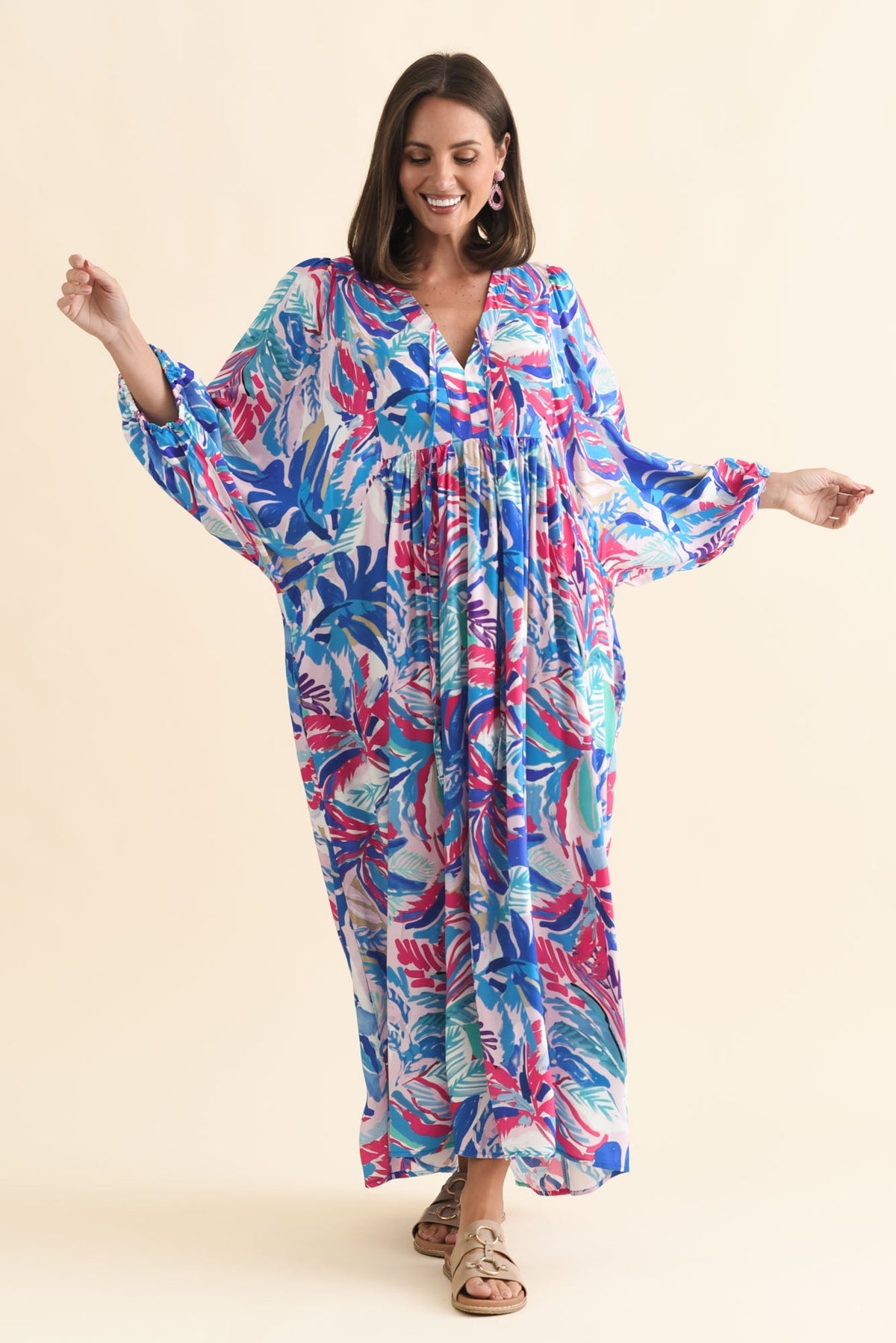 Verona Indigo Leaf Puff Sleeve Dress Full Length View