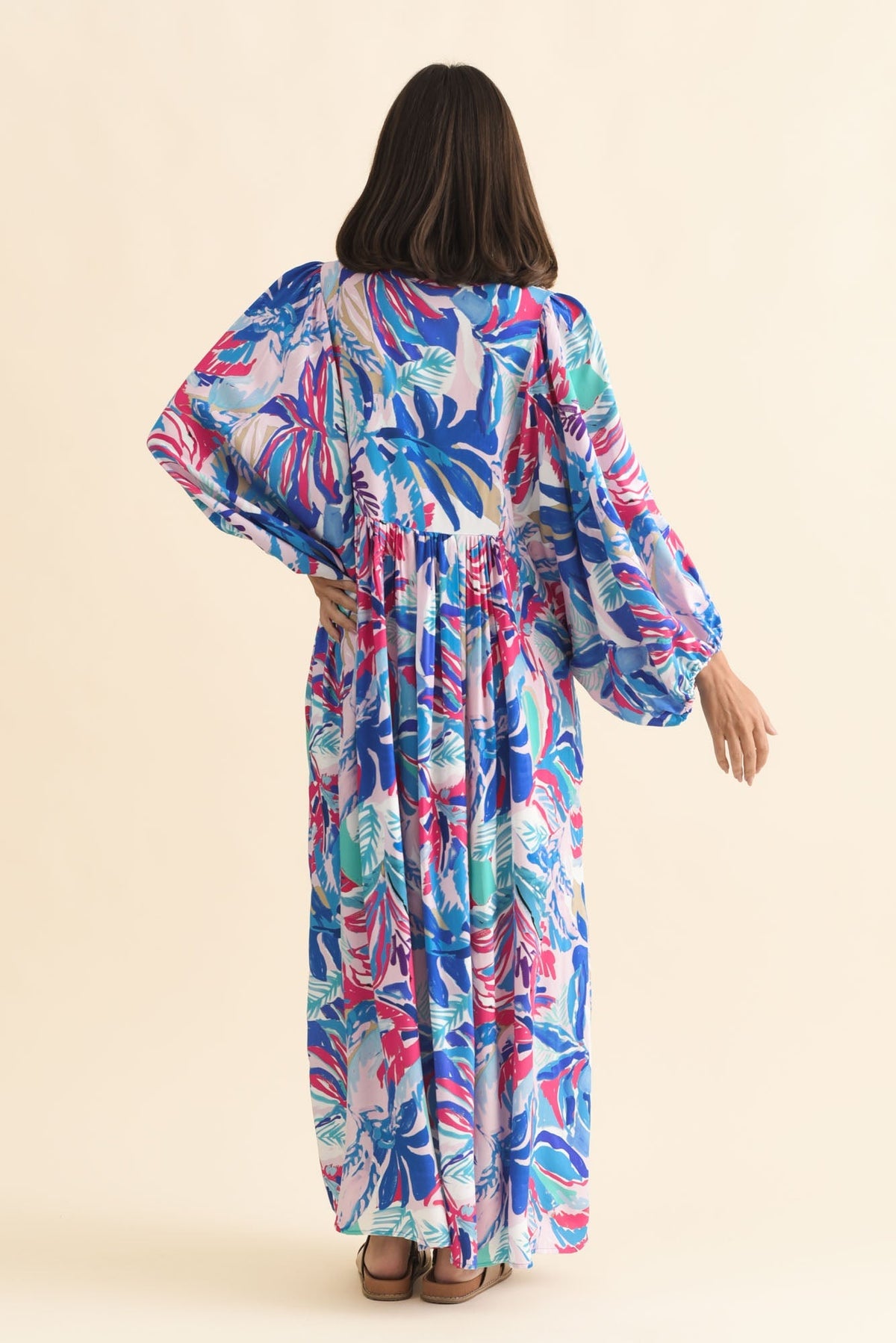 Verona Indigo Leaf Puff Sleeve Dress Side View