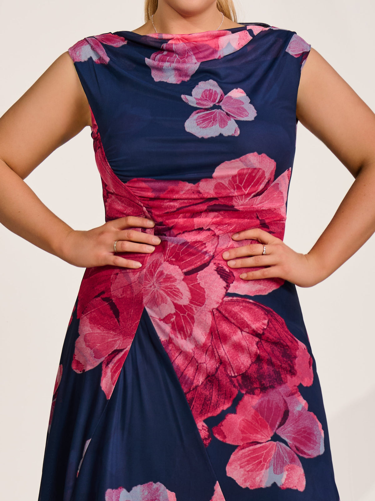 Asymmetric Draped Mesh Midaxi Dress Fuchsia Floral Full Length View
