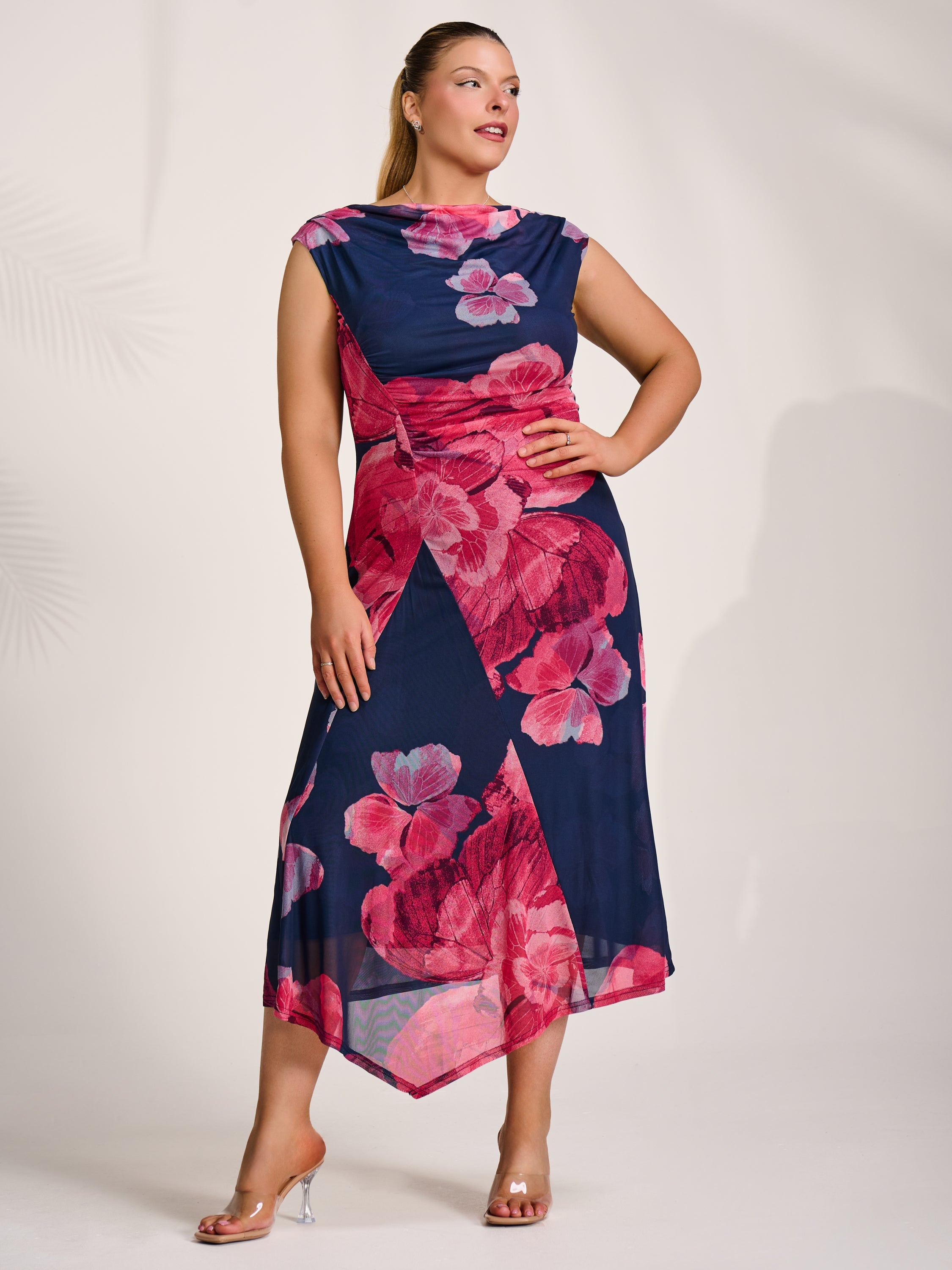 Asymmetric Draped Mesh Midaxi Dress Fuchsia Floral Side View