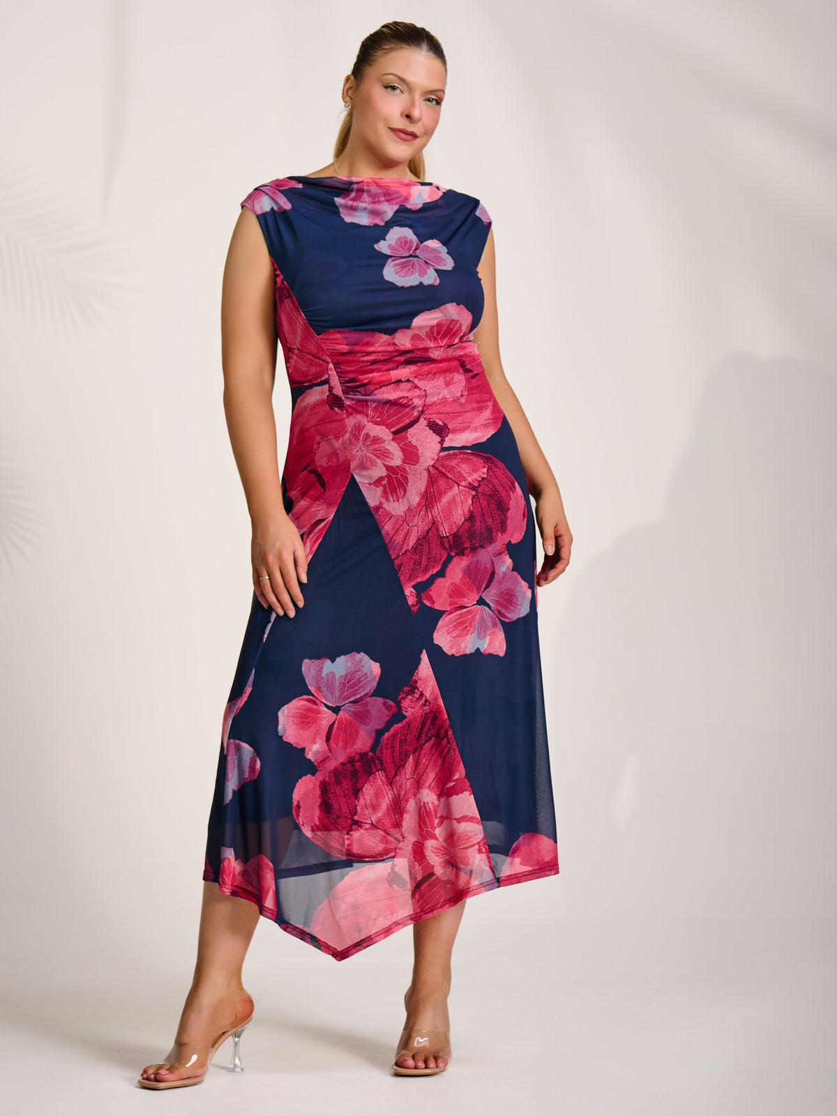 Asymmetric Draped Mesh Midaxi Dress Fuchsia Floral Front View 2