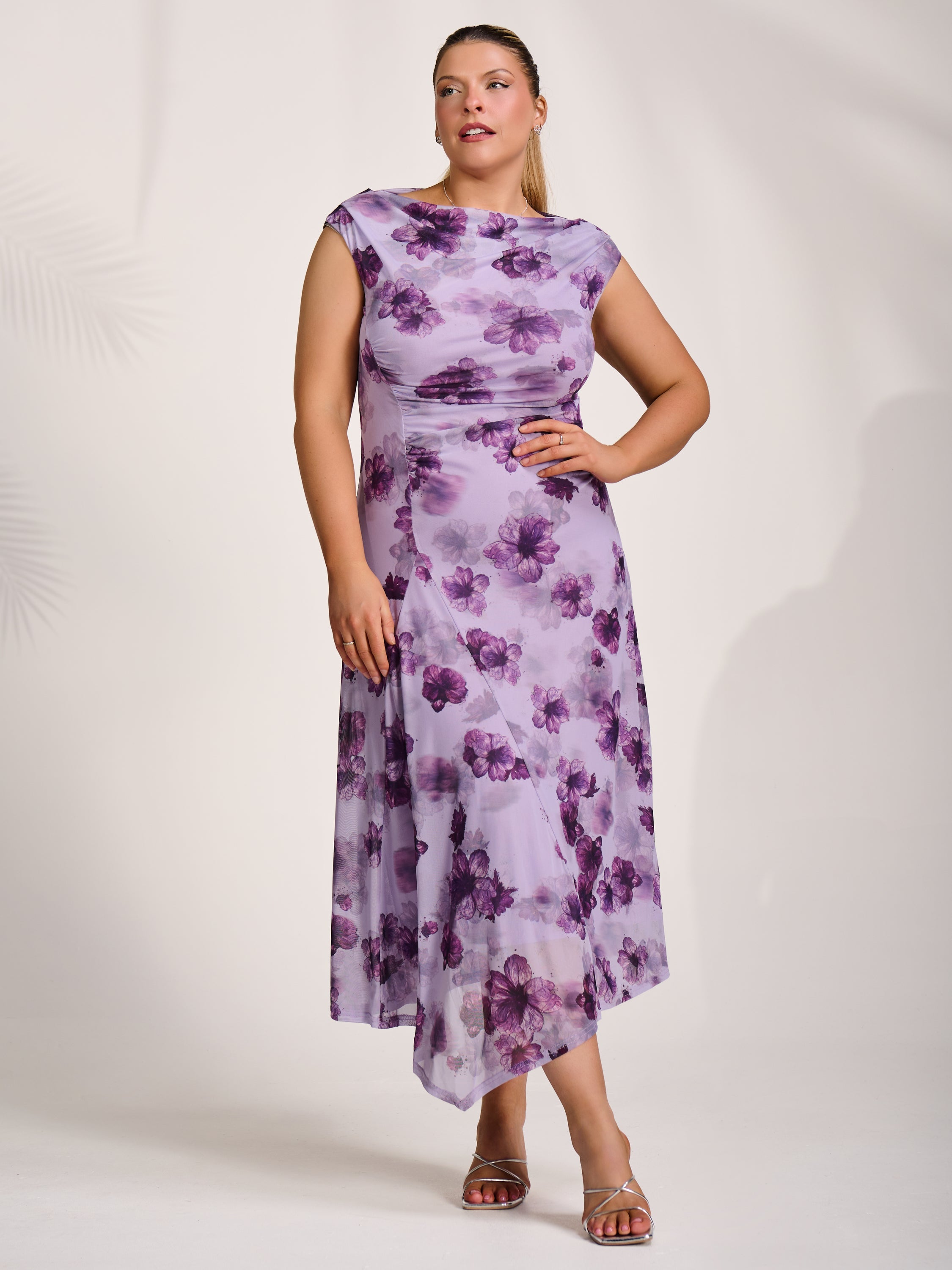 Asymmetric Draped Mesh Midaxi Dress Front View 2