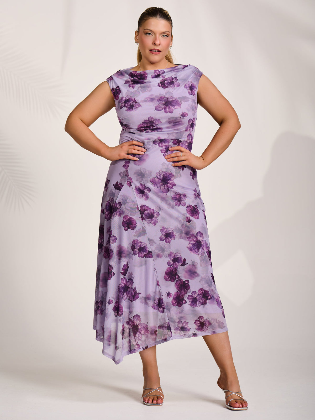 Asymmetric Draped Mesh Midaxi Dress Front View