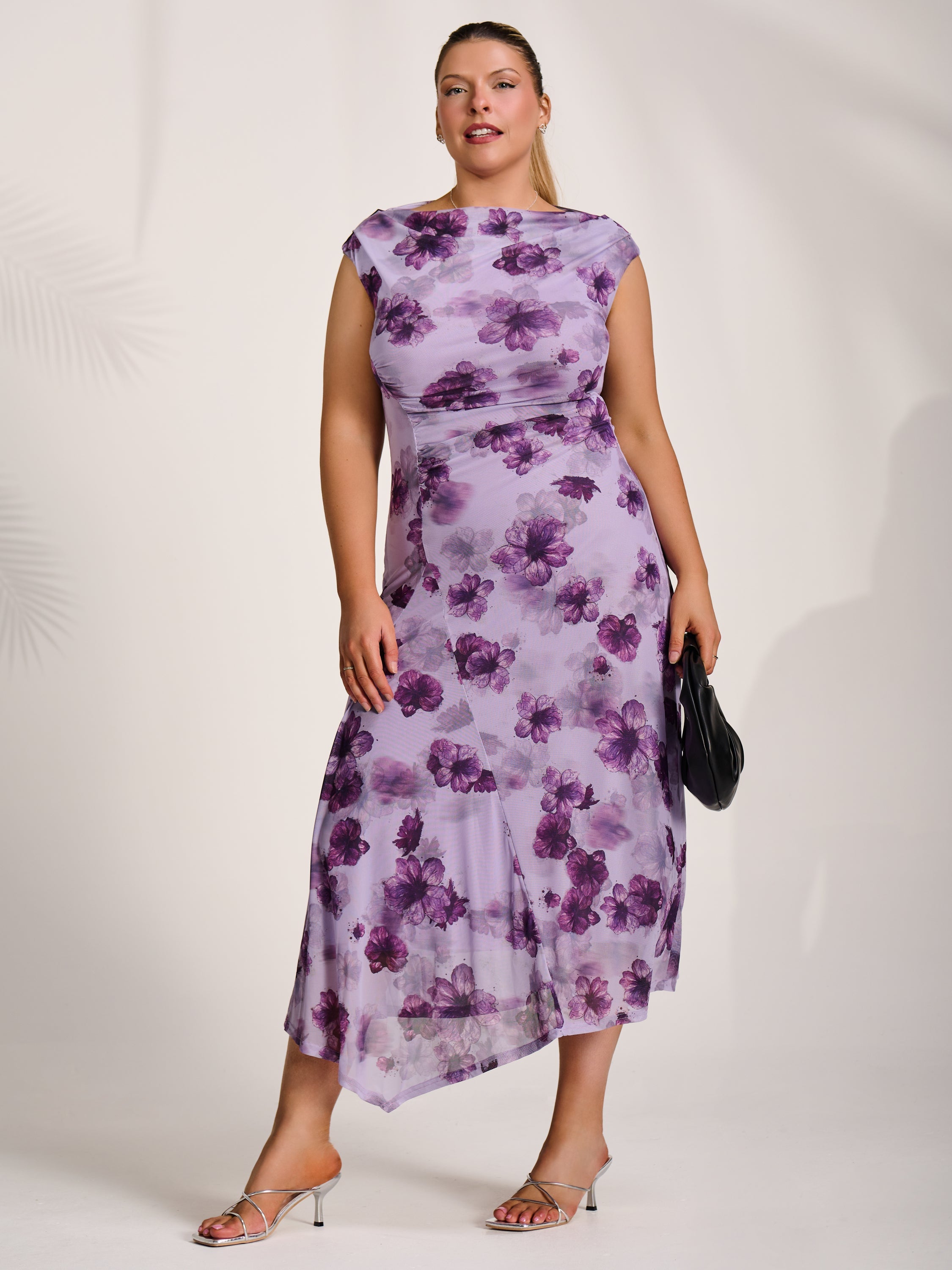 Asymmetric Draped Mesh Midaxi Dress Styled View