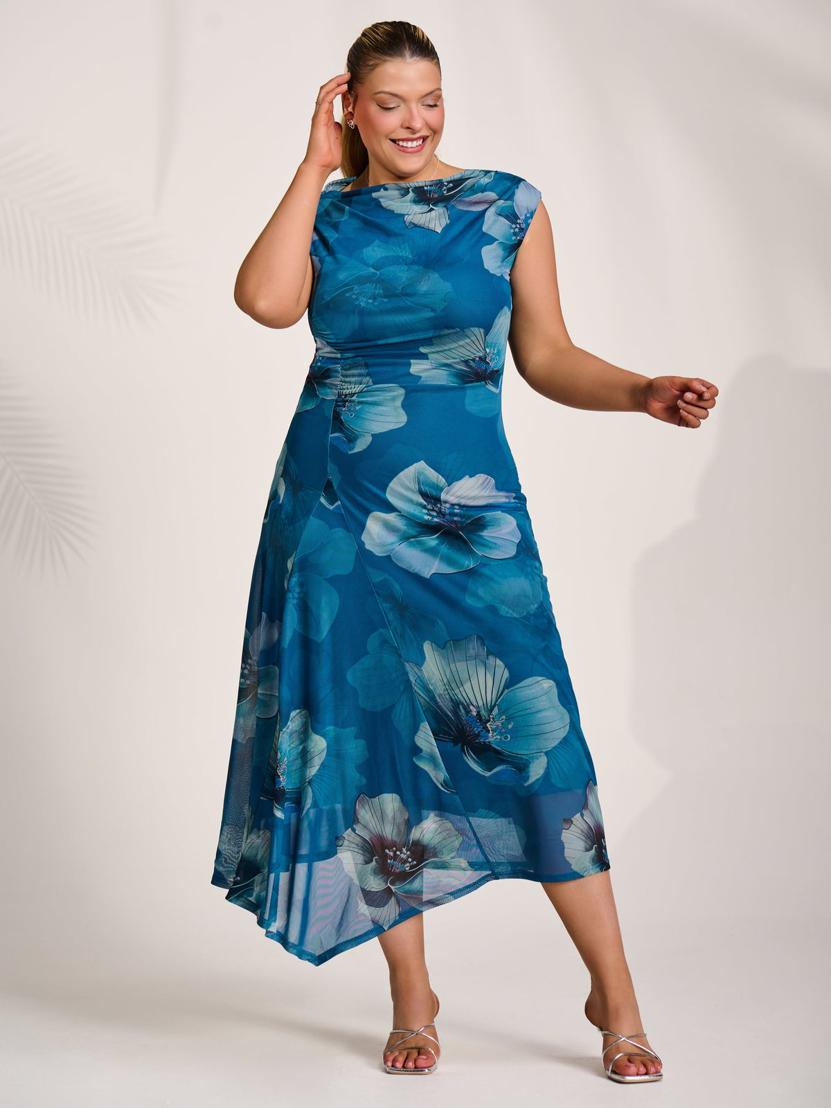 Asymmetric Draped Mesh Midaxi Dress teal floral Back View