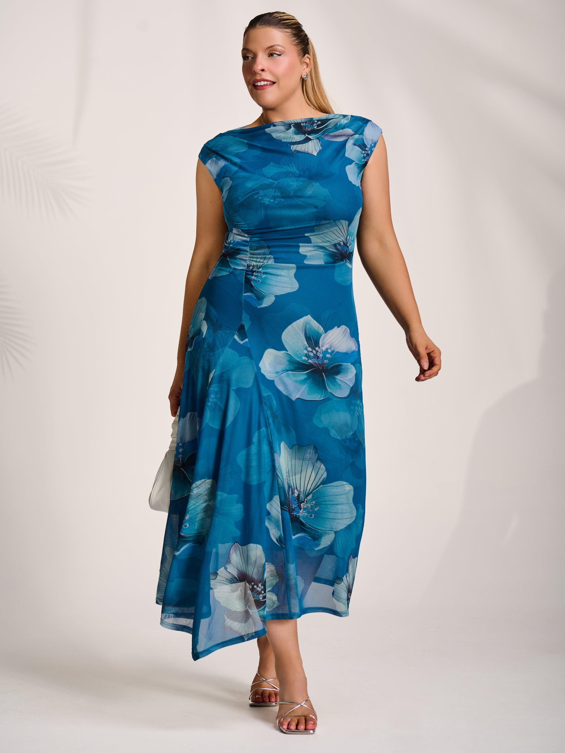 Asymmetric Draped Mesh Midaxi Dress teal floral Detail View