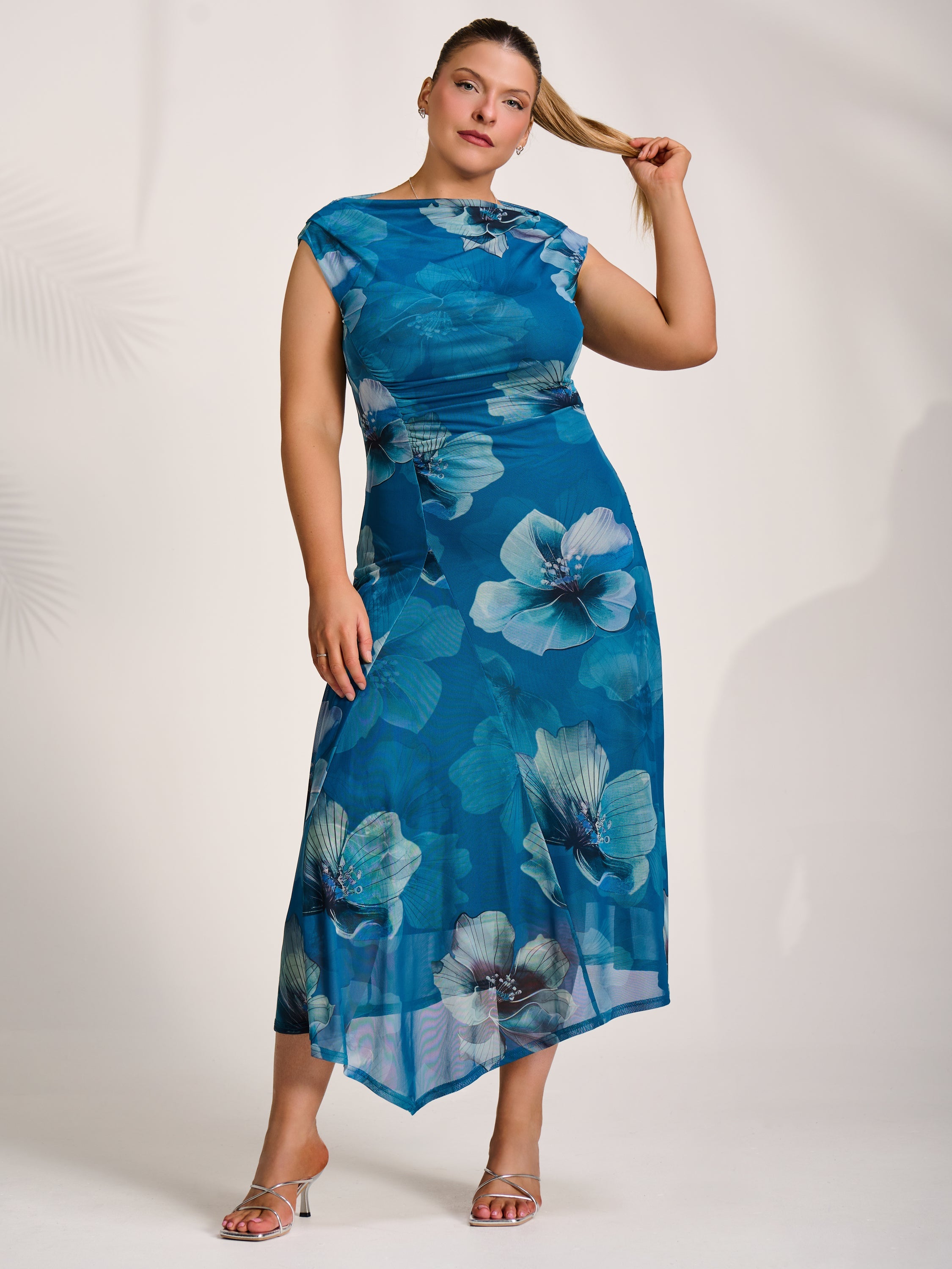 Asymmetric Draped Mesh Midaxi Dress teal floral Front View
