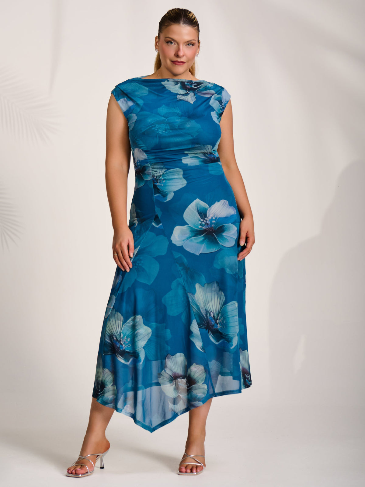 Asymmetric Draped Mesh Midaxi Dress teal floral Styled View