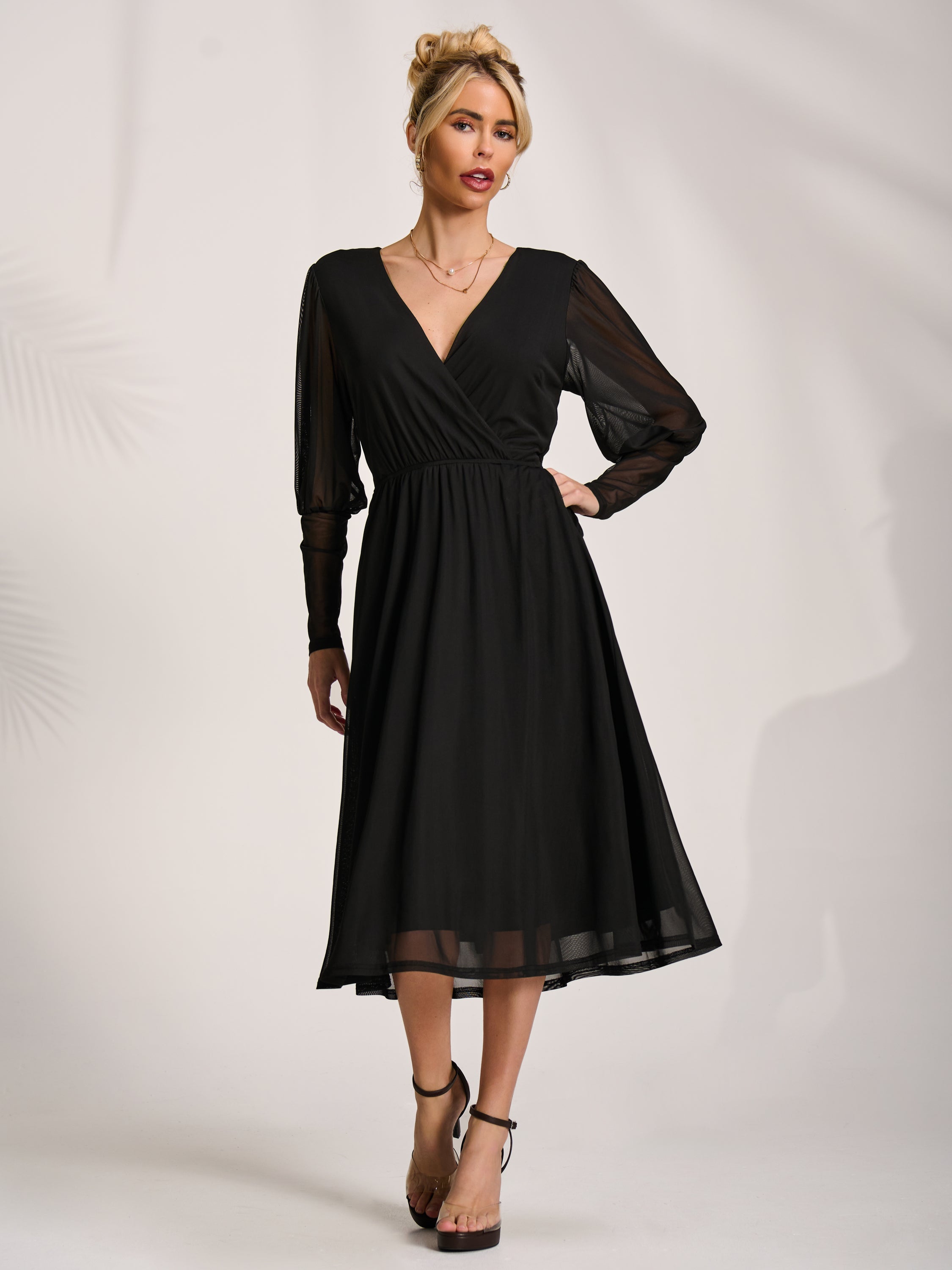 Mesh Long Puff Sleeve Wrap Midi Dress Front View