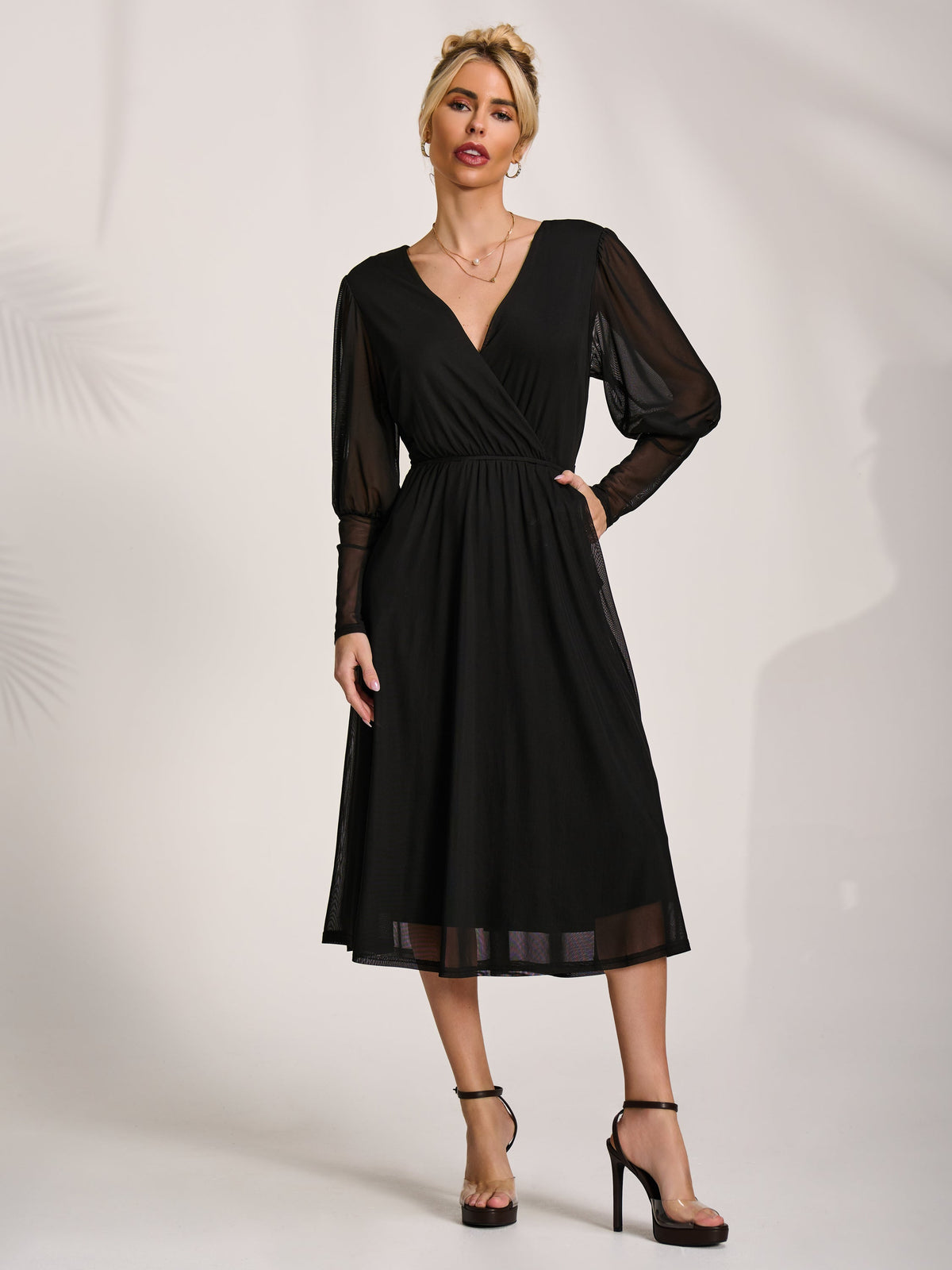 Mesh Long Puff Sleeve Wrap Midi Dress Full Length View