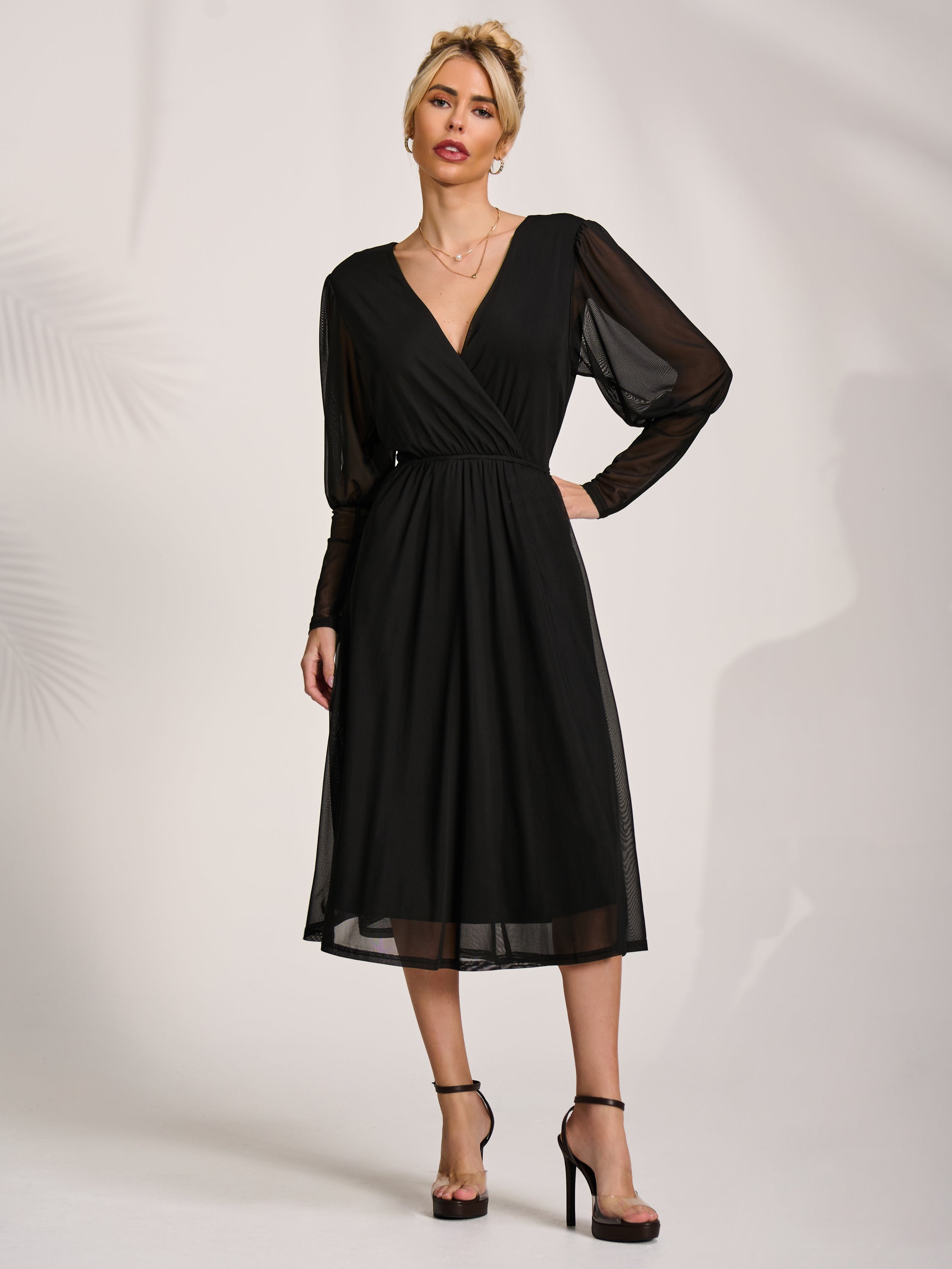 Mesh Long Puff Sleeve Wrap Midi Dress Front View 2