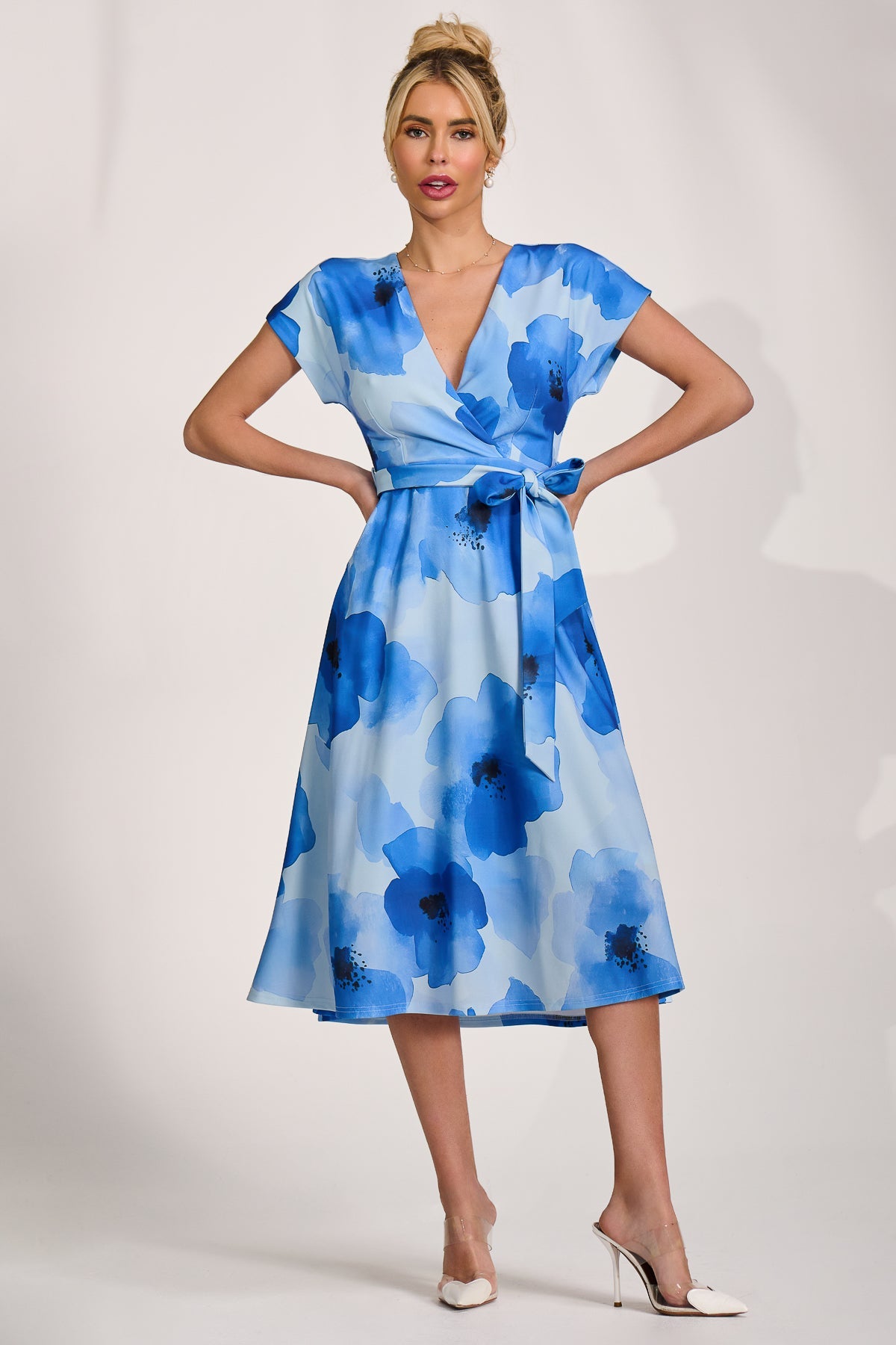 Kimono Sleeve Print Scuba Midi Dress Full Length View