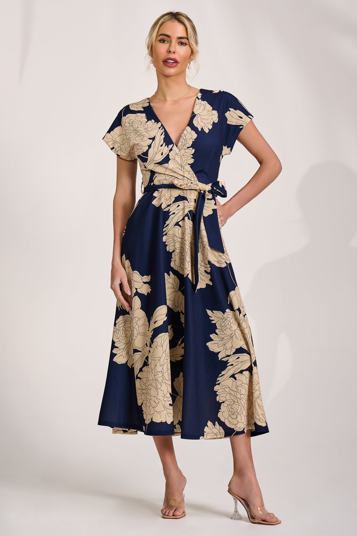Kimono Sleeve Print Scuba Midaxi Dress Navy Floral Side View