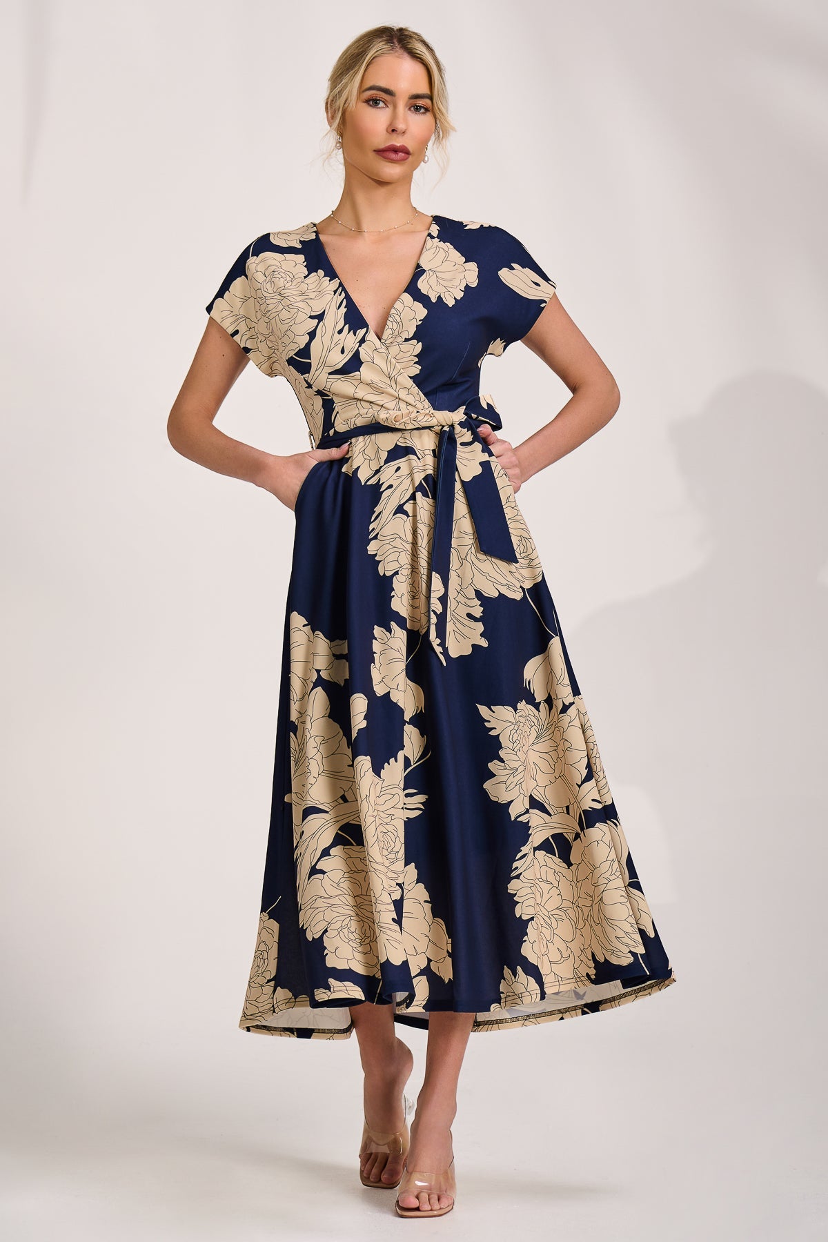 Kimono Sleeve Print Scuba Midaxi Dress Navy Floral Detail View
