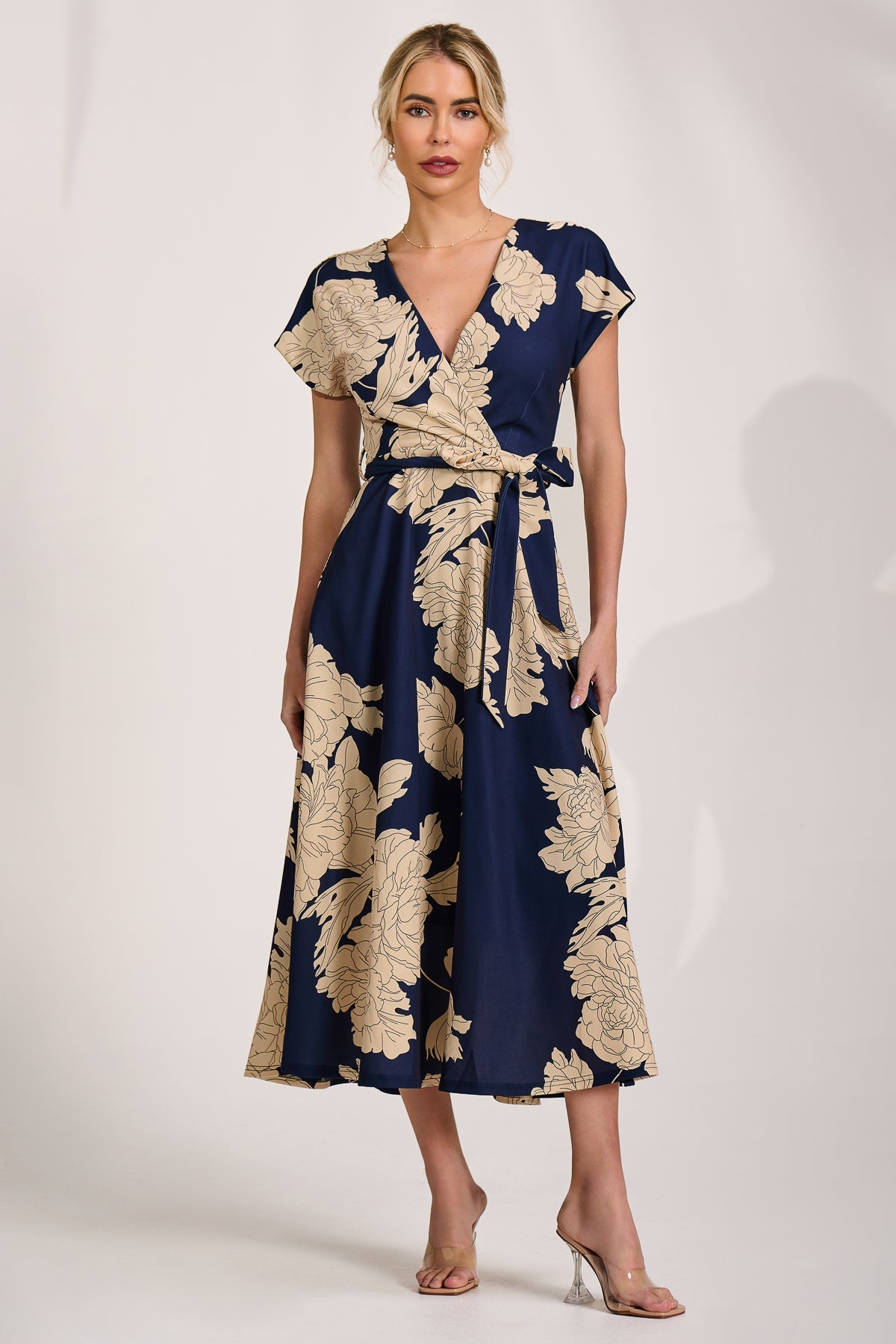 Kimono Sleeve Print Scuba Midaxi Dress Navy Floral Full Length View