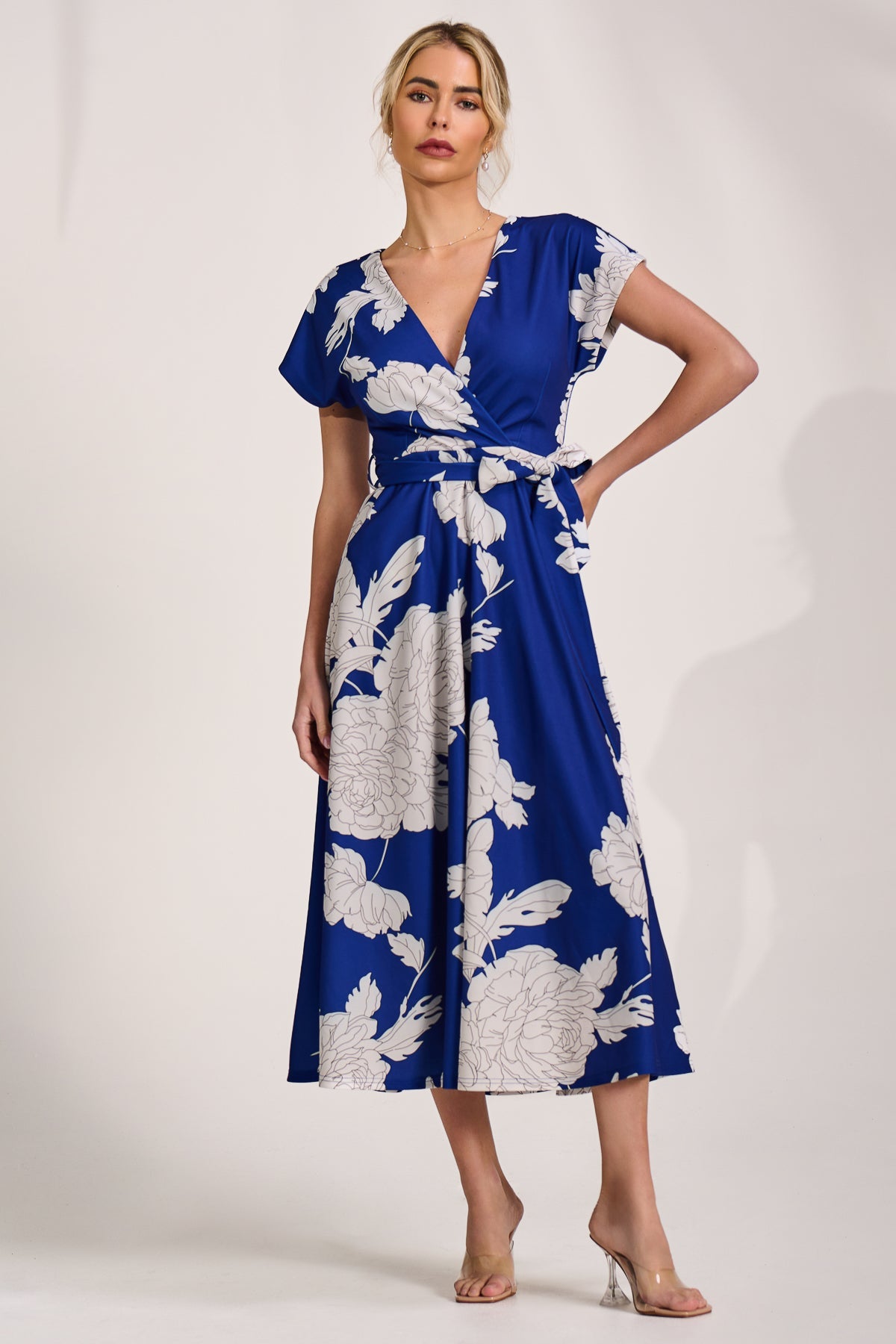 Kimono Sleeve Print Scuba Midaxi Dress ROYAL BLUE Front View