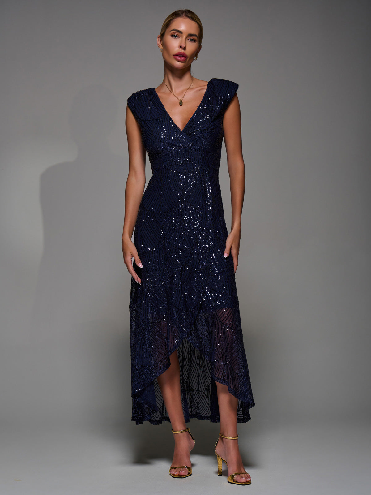 Sequin Asymmetric Ruffle Hem Maxi Dress Front View 2